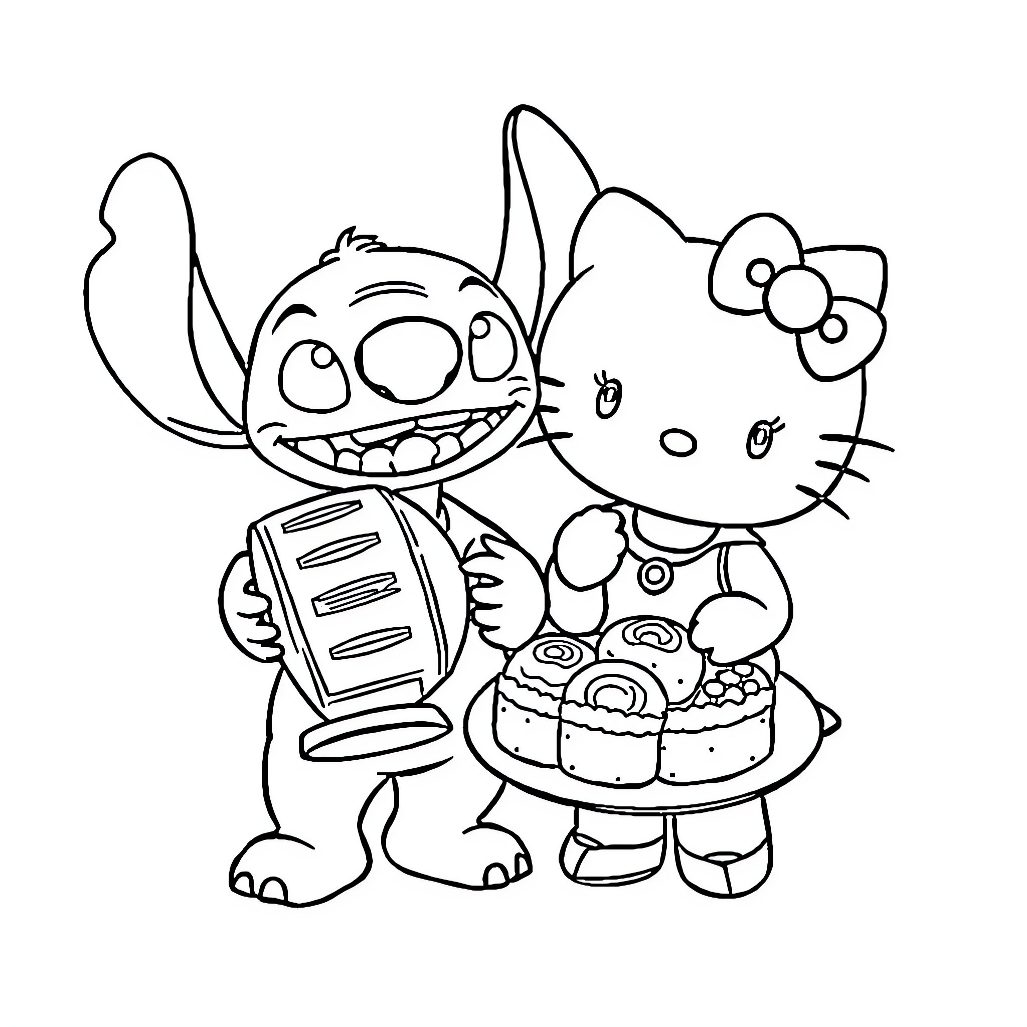Stitch and Hello Kitty enjoying a sweet treat Coloring Page (free black-and-white line drawing printable PDF for all, from beginners to advanced learners, including children, teens, adults, and seniors)
