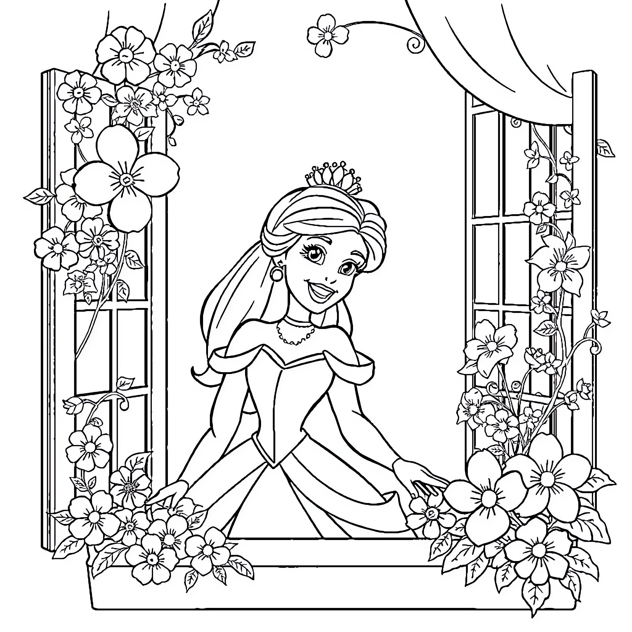 Disney Princess in Floral Garden Scene Coloring Page (free black-and-white line drawing printable PDF for all, from beginners to advanced learners, including children, teens, adults, and seniors)