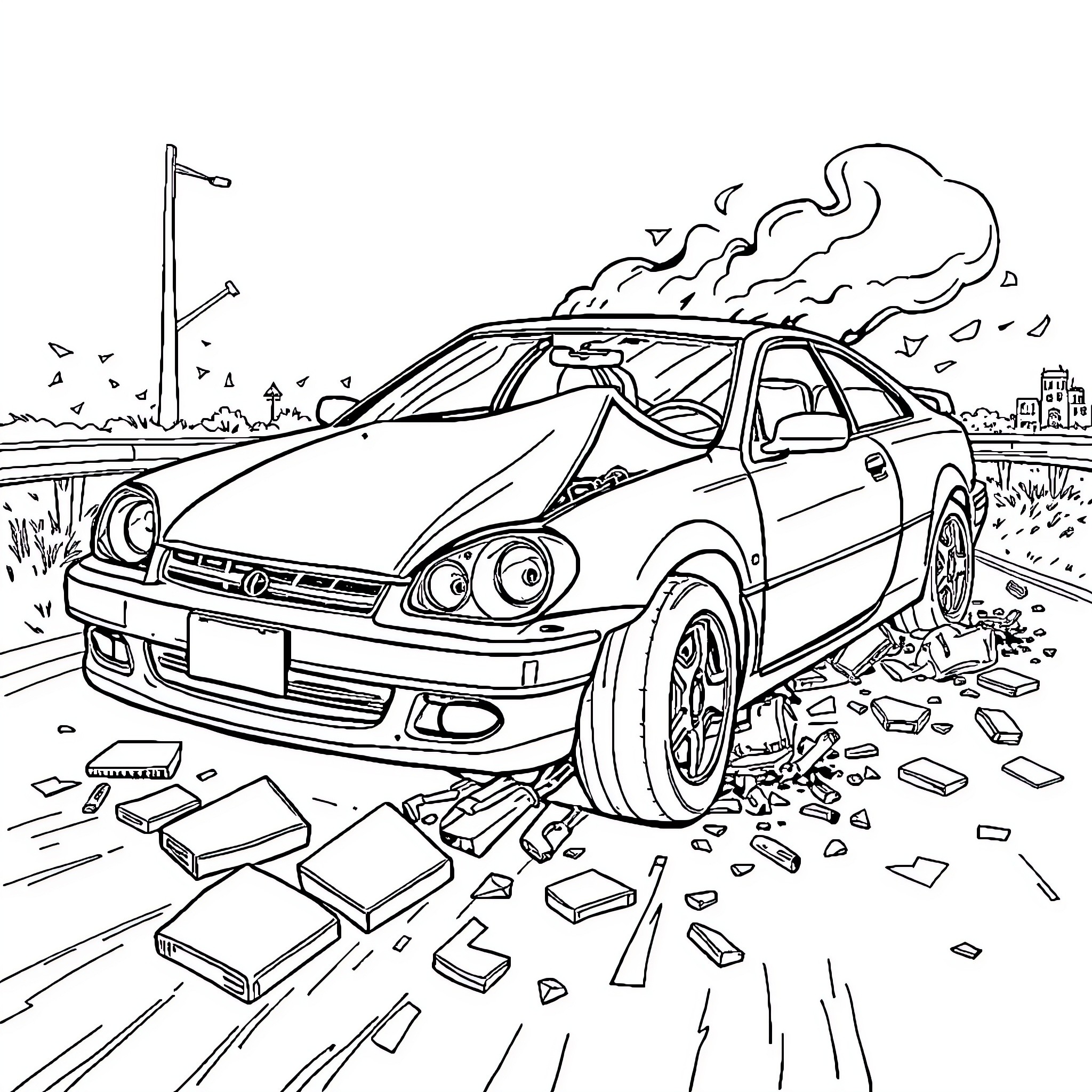 Car crash scene with debris on the road Coloring Page (free black-and-white line drawing printable PDF for all, from beginners to advanced learners, including children, teens, adults, and seniors)