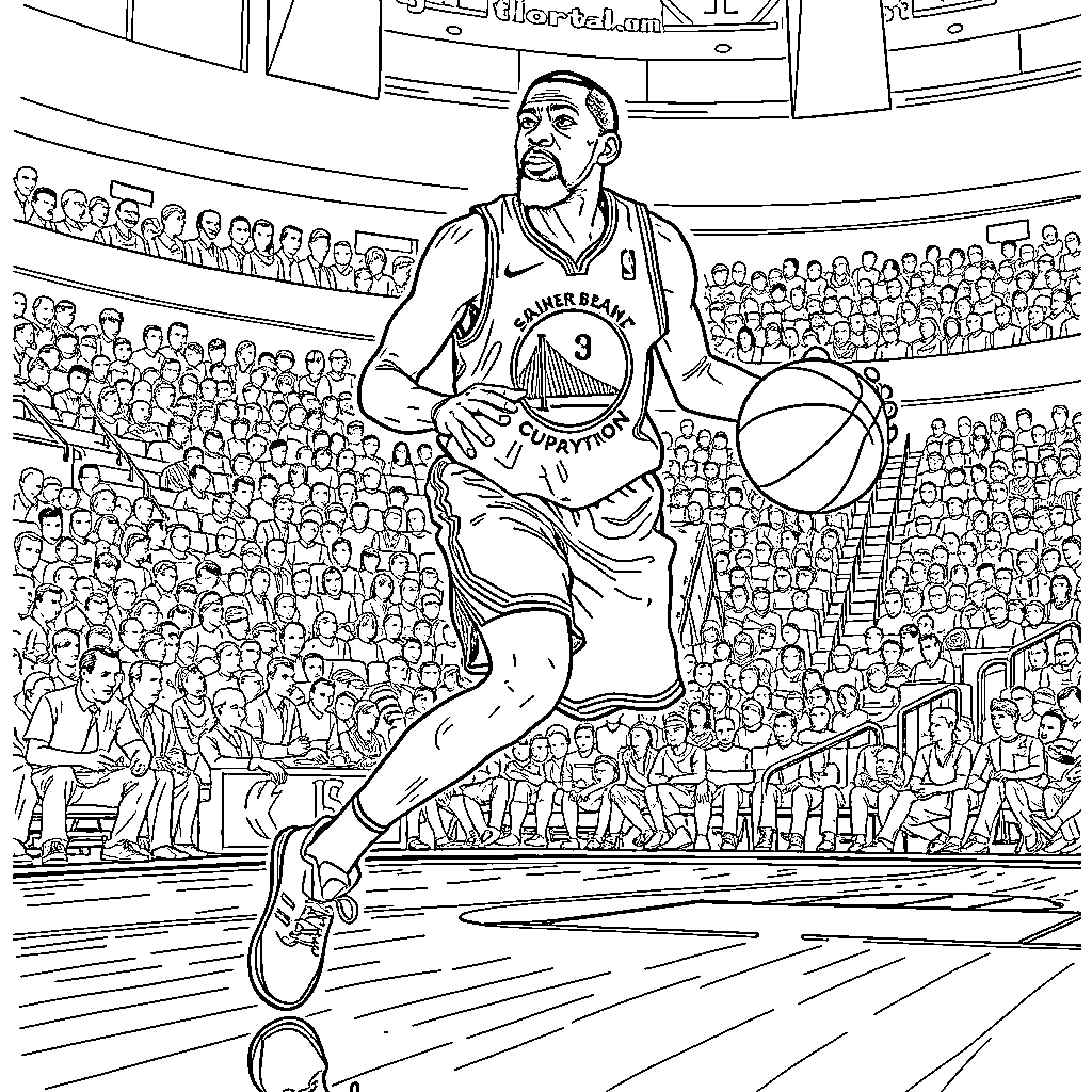 Kevin Durant playing basketball in an arena Coloring Page (free black-and-white line drawing printable PDF for all, from beginners to advanced learners, including children, teens, adults, and seniors)