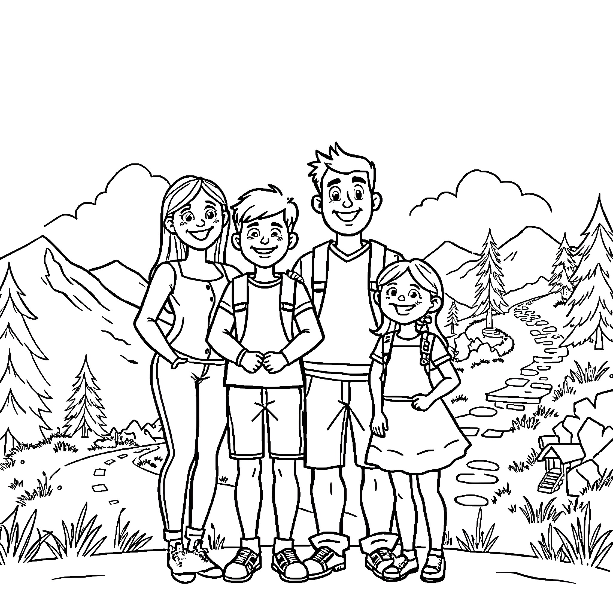 Family Enjoying an Outdoor Adventure in the Mountains Coloring Page (free black-and-white line drawing printable PDF for all, from beginners to advanced learners, including children, teens, adults, and seniors)