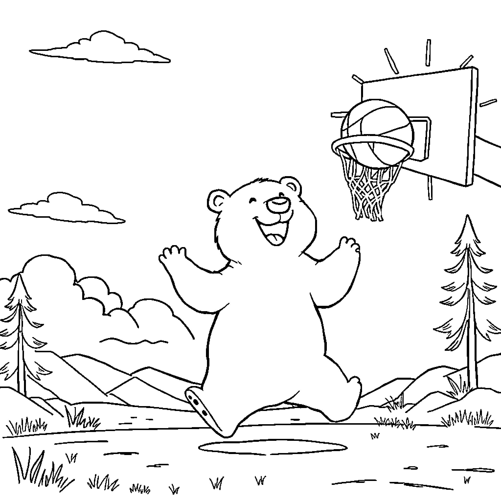 Polar Bear Happily Playing Basketball in the Outdoors Coloring Page (free black-and-white line drawing printable PDF for all, from beginners to advanced learners, including children, teens, adults, and seniors)