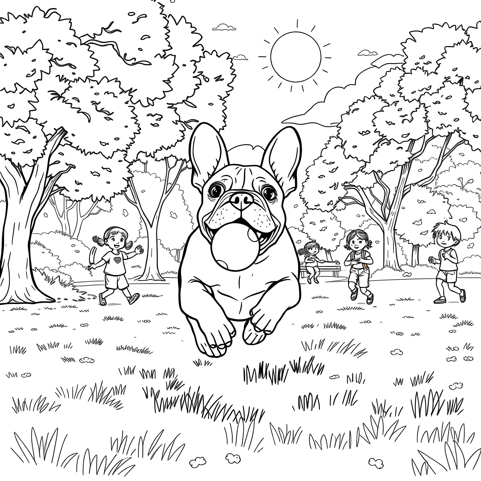 French Bulldog enjoying outdoor park with children Coloring Page (free black-and-white line drawing printable PDF for all, from beginners to advanced learners, including children, teens, adults, and seniors)