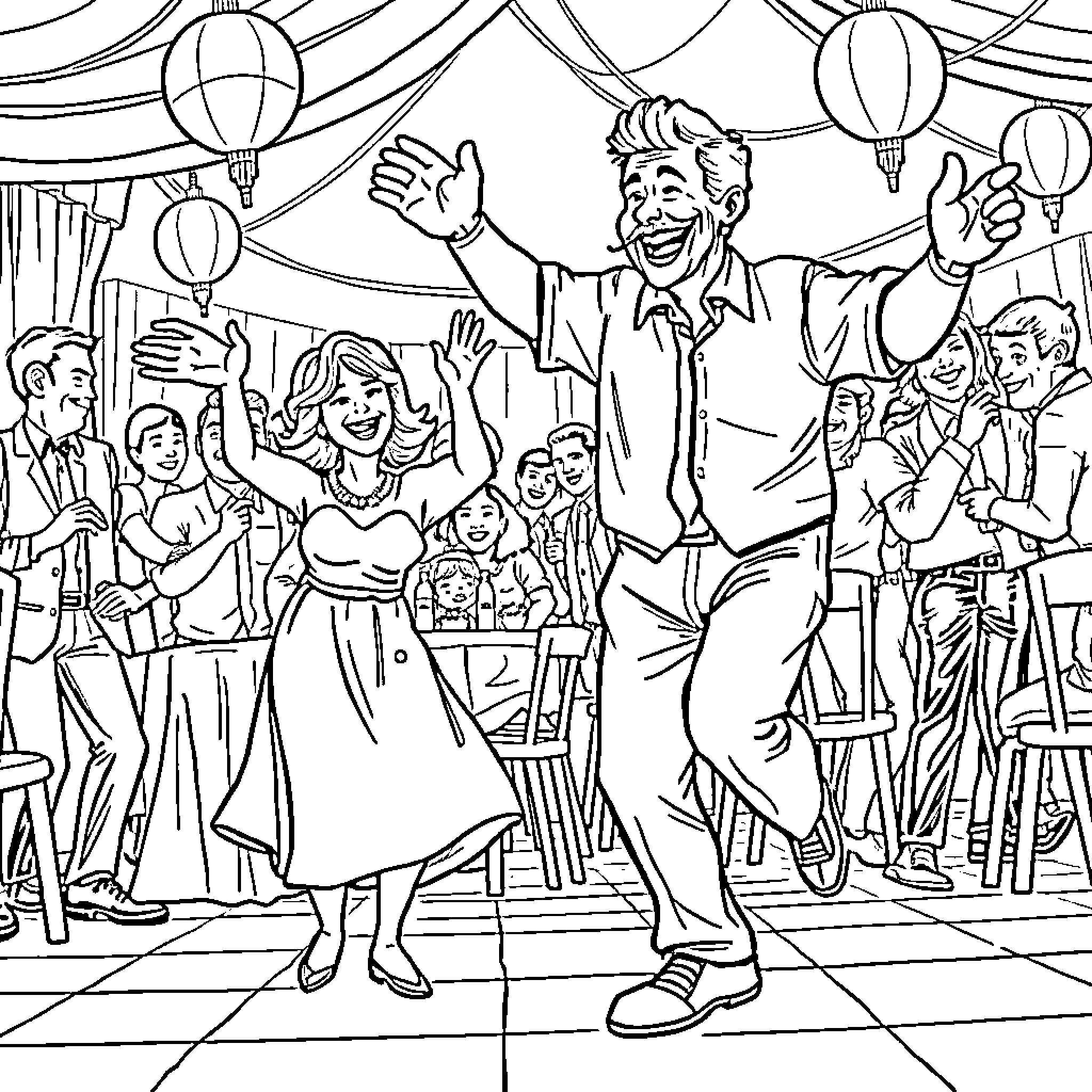 Dad happily dancing with family at a party Coloring Page (free black-and-white line drawing printable PDF for all, from beginners to advanced learners, including children, teens, adults, and seniors)