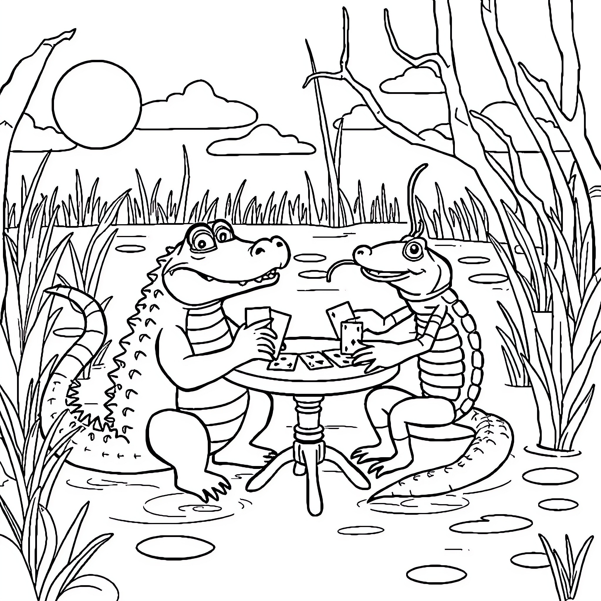 Alligators enjoying a peaceful picnic by the lake Coloring Page (free black-and-white line drawing printable PDF for all, from beginners to advanced learners, including children, teens, adults, and seniors)