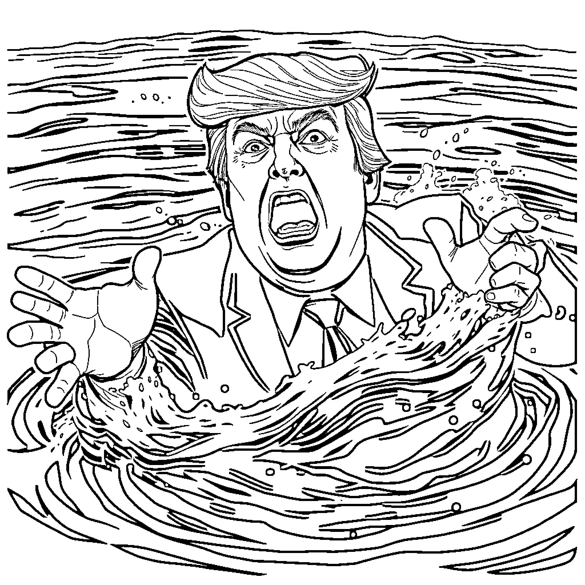 Donald Trump in a wild storm Coloring Page (free black-and-white line drawing printable PDF for all, from beginners to advanced learners, including children, teens, adults, and seniors)