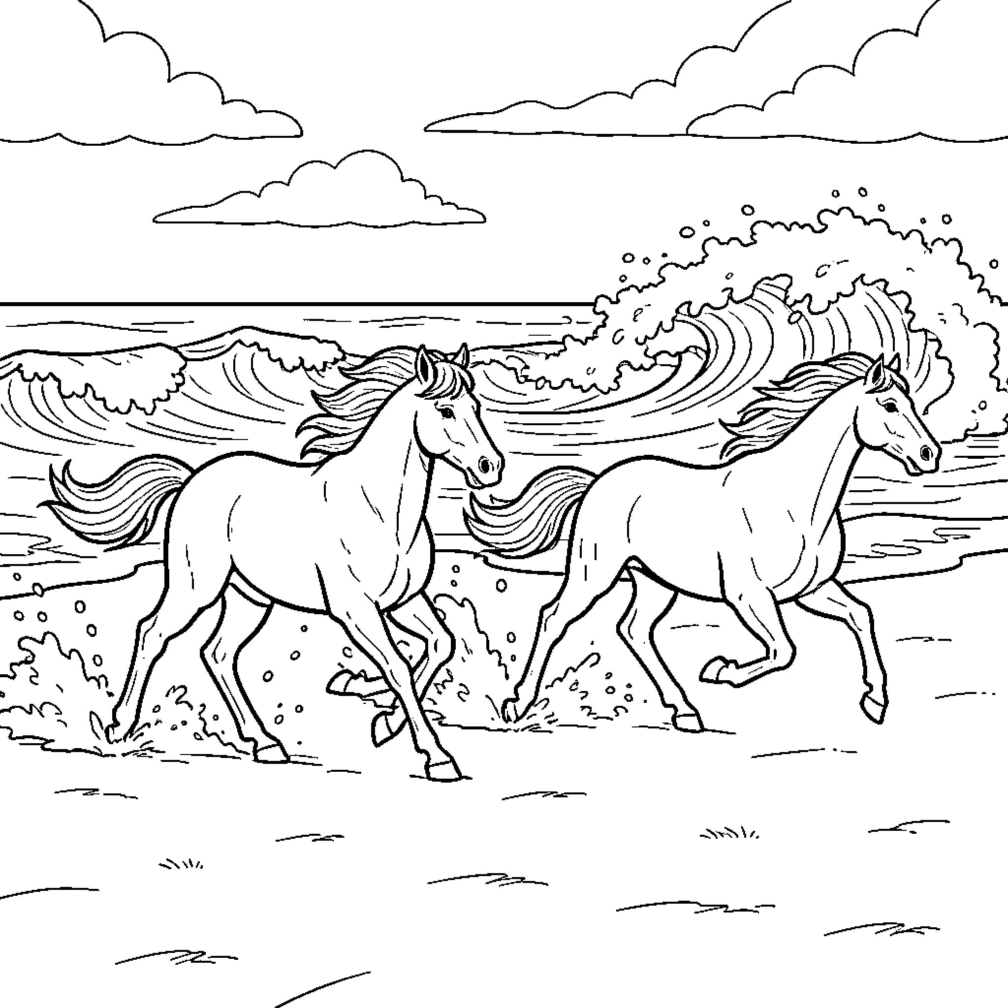 Horses galloping through the waves Coloring Page (free black-and-white line drawing printable PDF for all, from beginners to advanced learners, including children, teens, adults, and seniors)