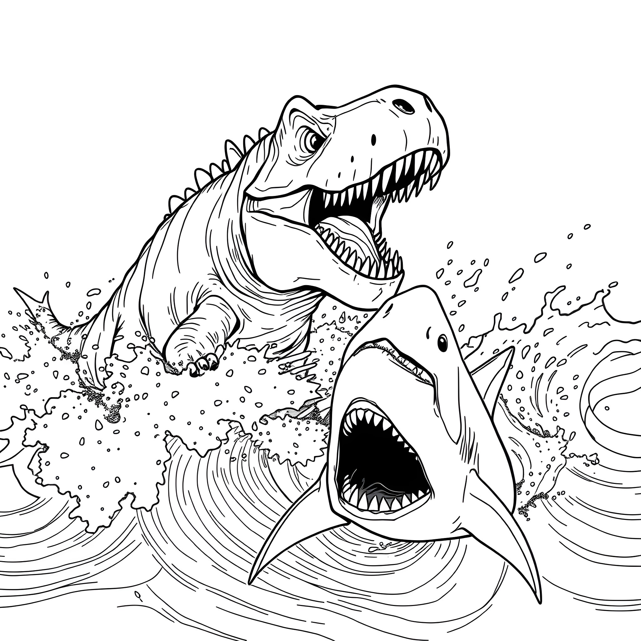 Spinosaurus battling a megalodon in the prehistoric seas Coloring Page (free black-and-white line drawing printable PDF for all, from beginners to advanced learners, including children, teens, adults, and seniors)