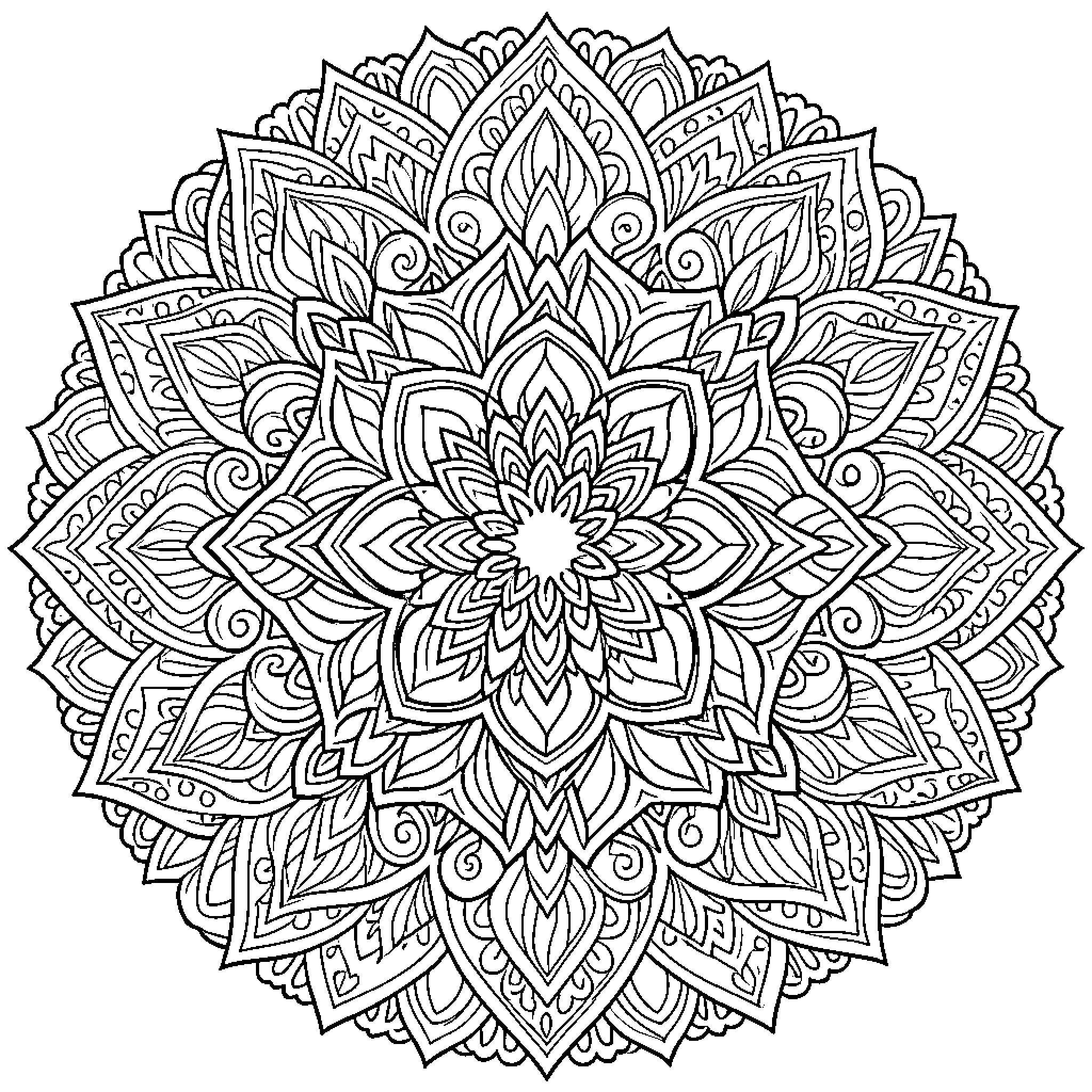 Mandala of intricate floral designs and patterns Coloring Page (free black-and-white line drawing printable PDF for all, from beginners to advanced learners, including children, teens, adults, and seniors)