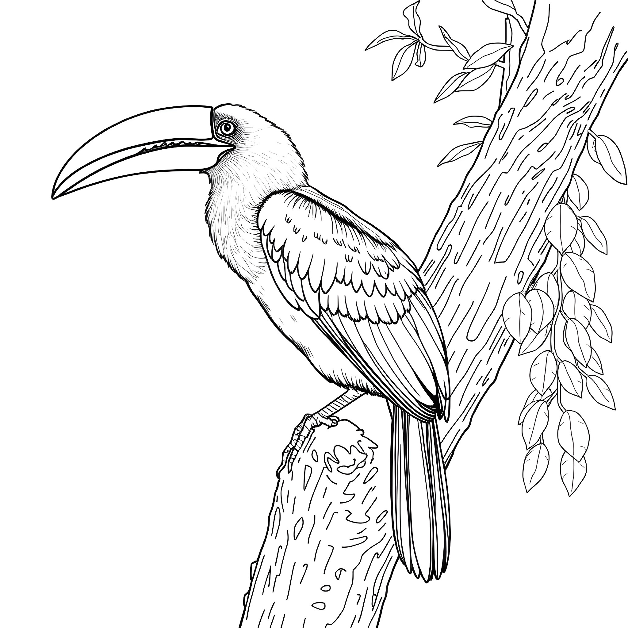 Toucanet perching on a tree branch Coloring Page (free black-and-white line drawing printable PDF for all, from beginners to advanced learners, including children, teens, adults, and seniors)