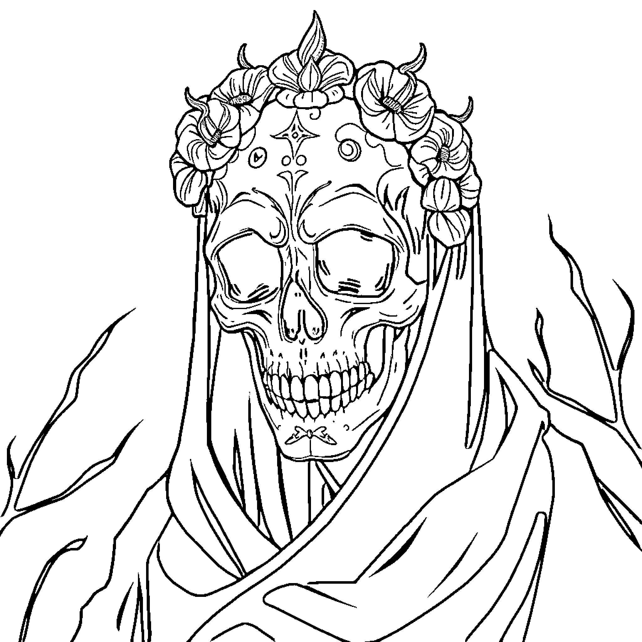 Cancer Mask with Ethereal Floral Accents Coloring Page (free black-and-white line drawing printable PDF for all, from beginners to advanced learners, including children, teens, adults, and seniors)