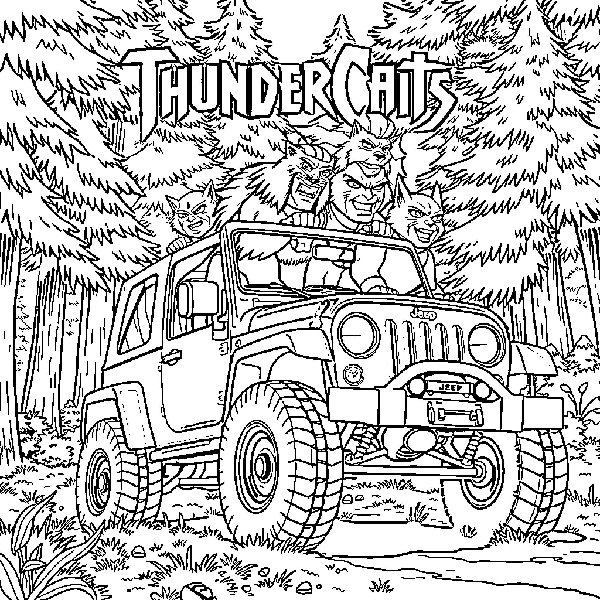 Thundercats Team Exploring the Wilderness Coloring Page (free black-and-white line drawing printable PDF for all, from beginners to advanced learners, including children, teens, adults, and seniors)