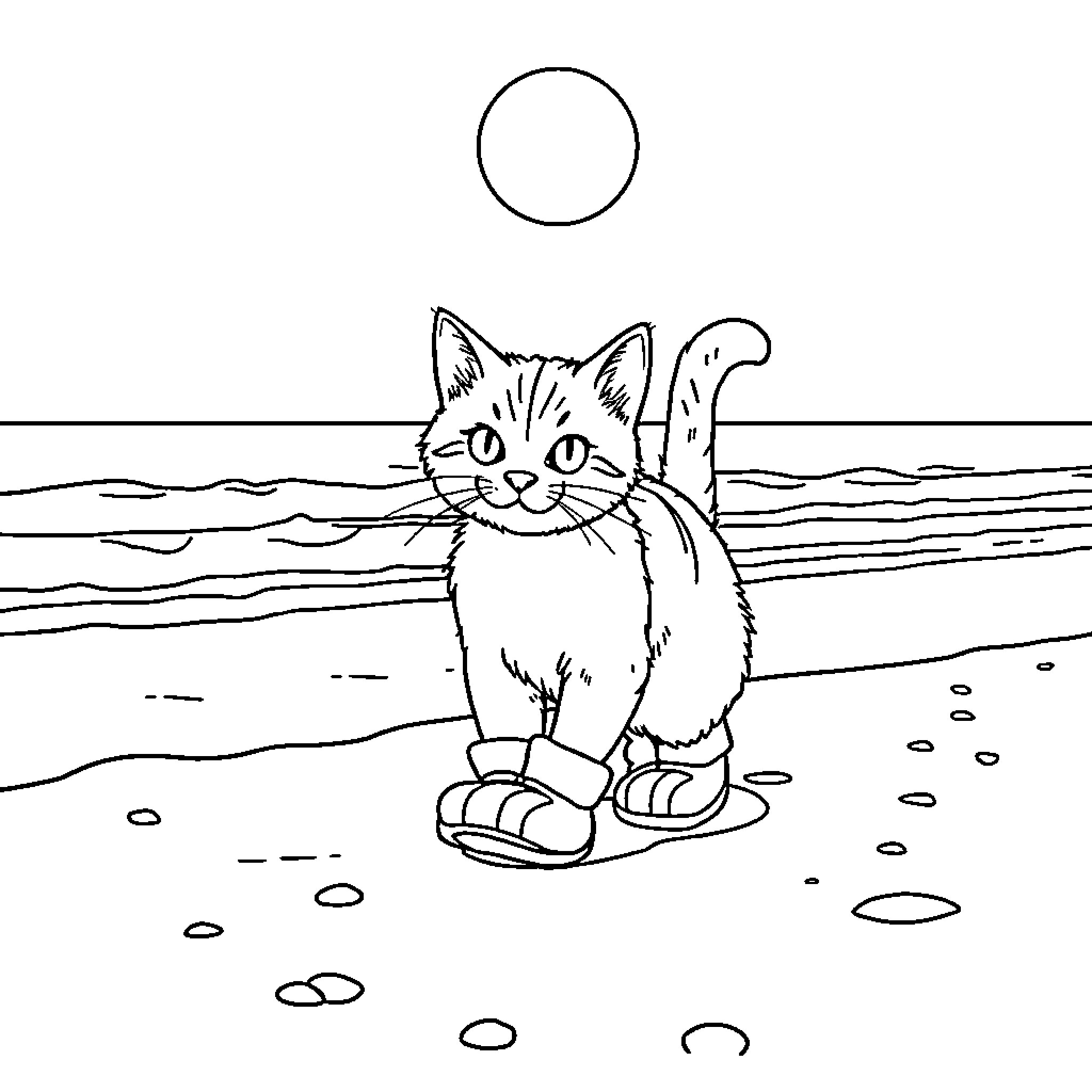 Cat on the beach in the water Coloring Page (free black-and-white line drawing printable PDF for all, from beginners to advanced learners, including children, teens, adults, and seniors)
