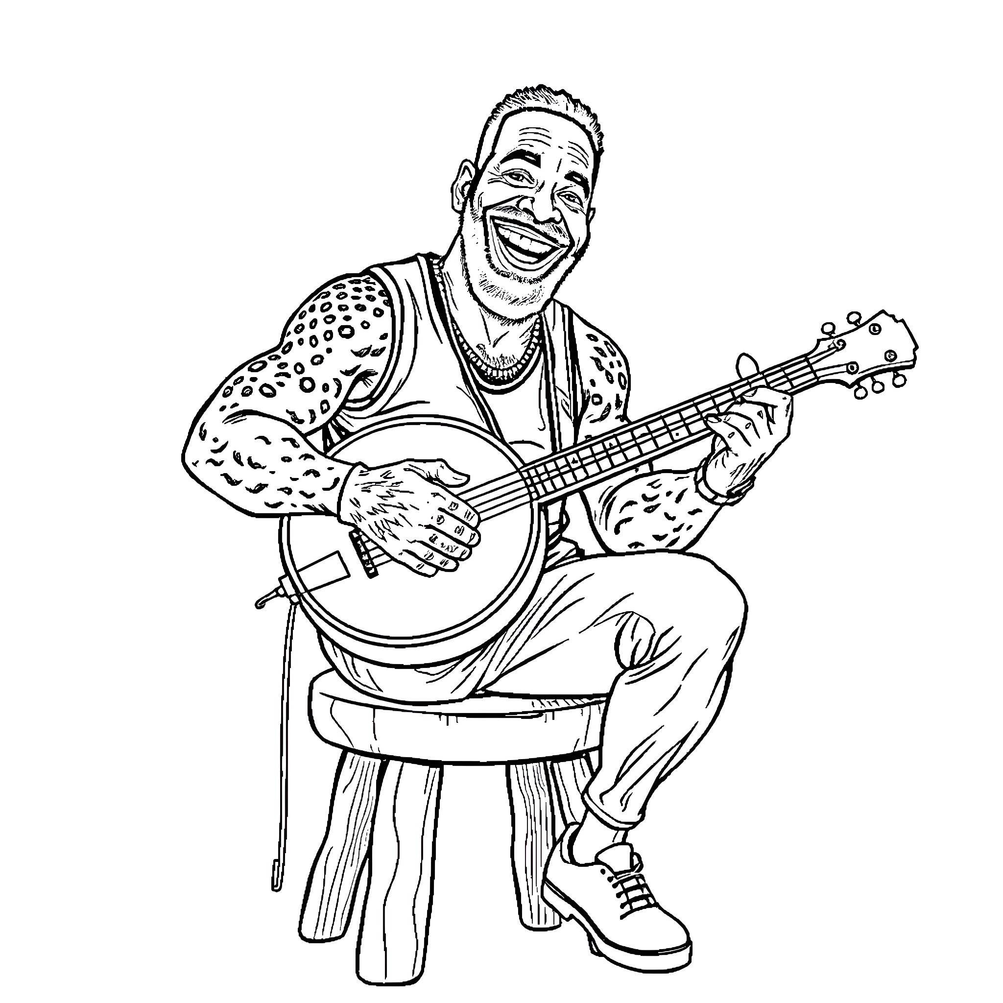 Dennis Rodman playing guitar in an animated style Coloring Page (free black-and-white line drawing printable PDF for all, from beginners to advanced learners, including children, teens, adults, and seniors)