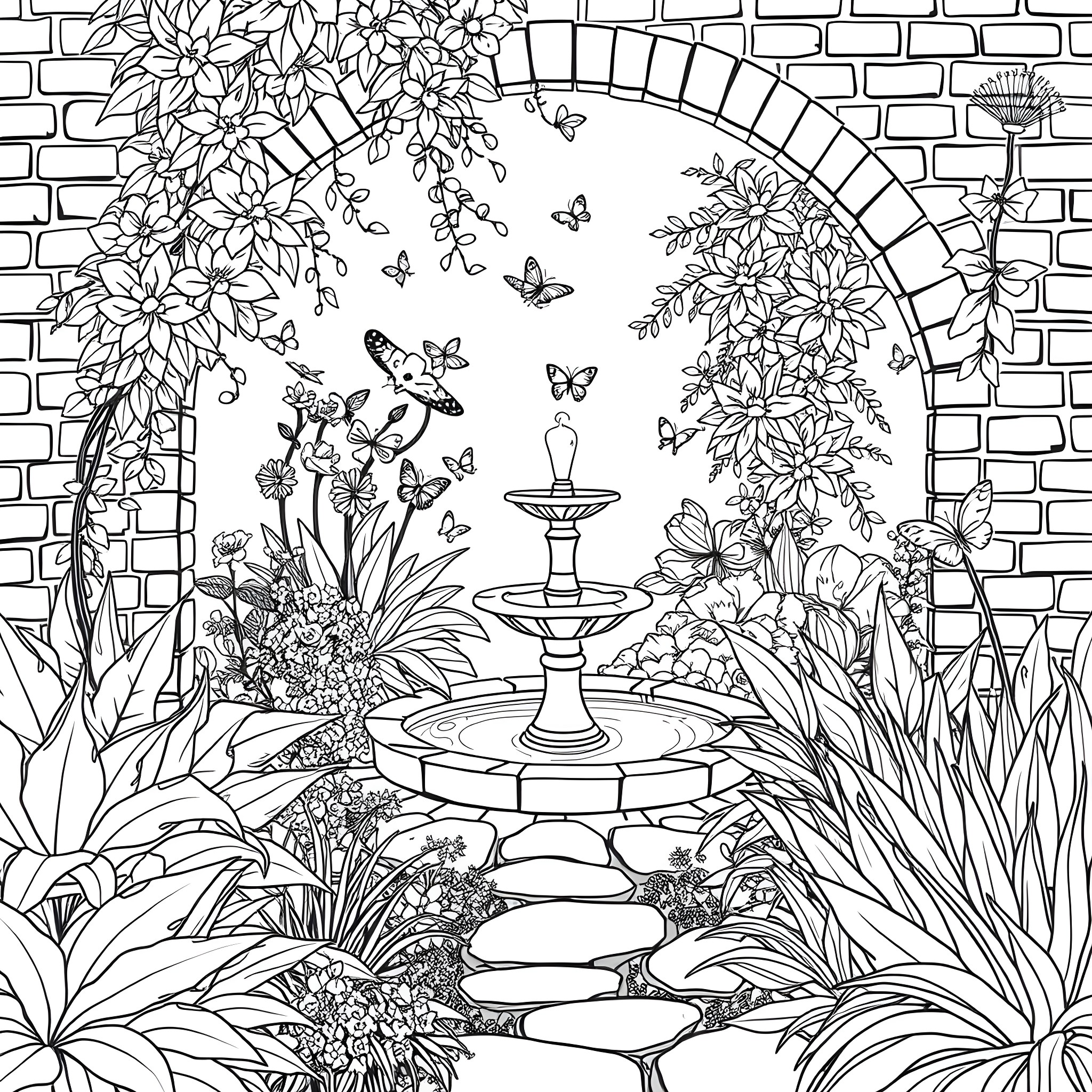 Garden Scene with Flower Fountain and Butterflies Coloring Page (free black-and-white line drawing printable PDF for all, from beginners to advanced learners, including children, teens, adults, and seniors)