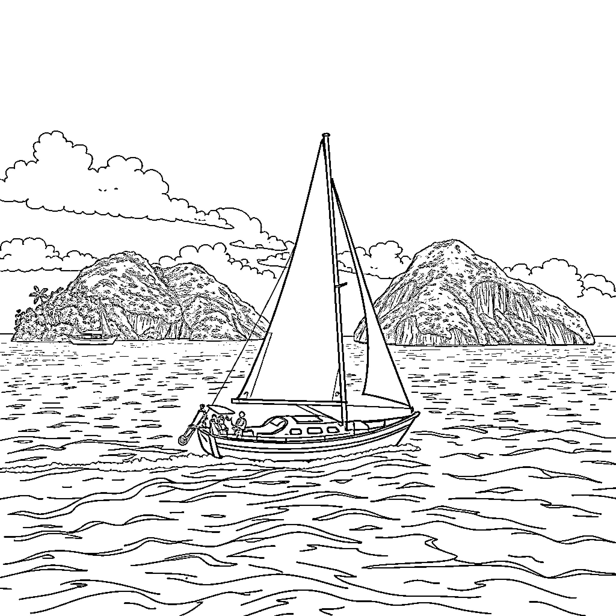 Sailboat navigating through scenic coastal waters Coloring Page (free black-and-white line drawing printable PDF for all, from beginners to advanced learners, including children, teens, adults, and seniors)