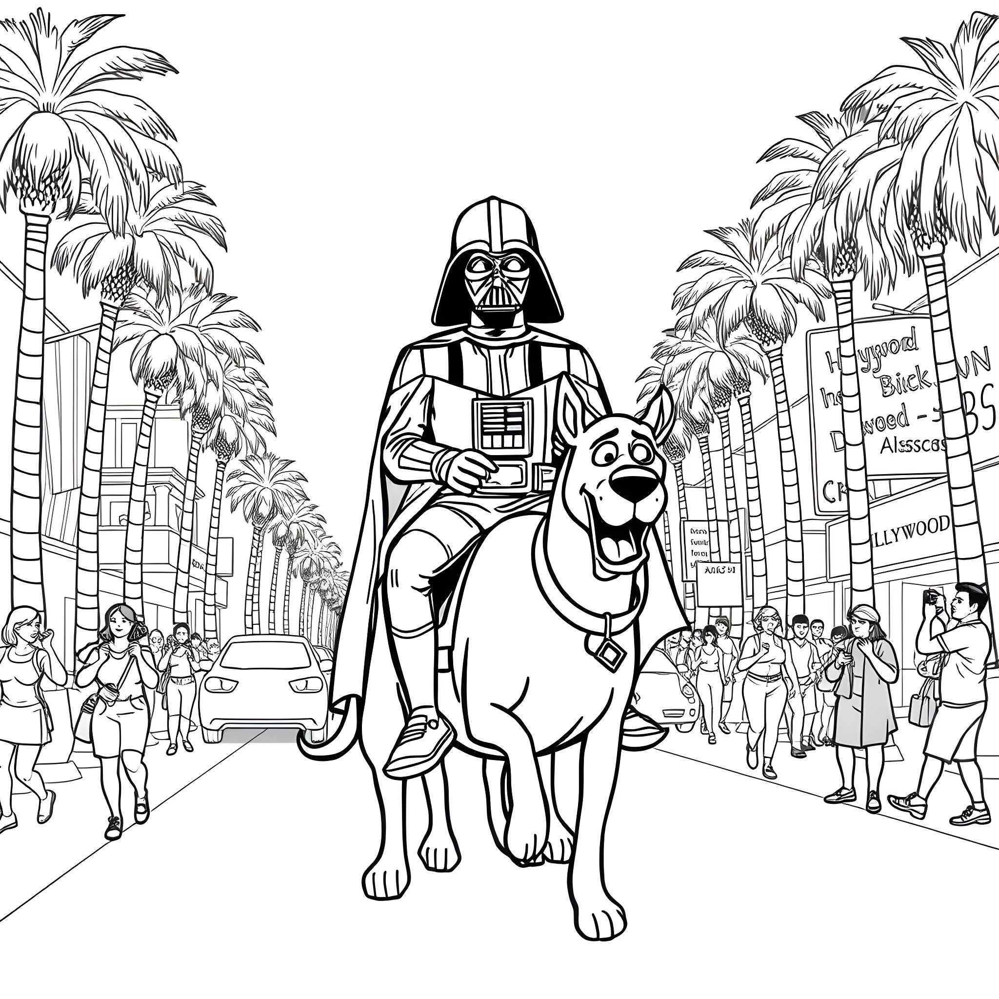 Darth Vader riding a dog on a Hollywood street Coloring Page (free black-and-white line drawing printable PDF for all, from beginners to advanced learners, including children, teens, adults, and seniors)