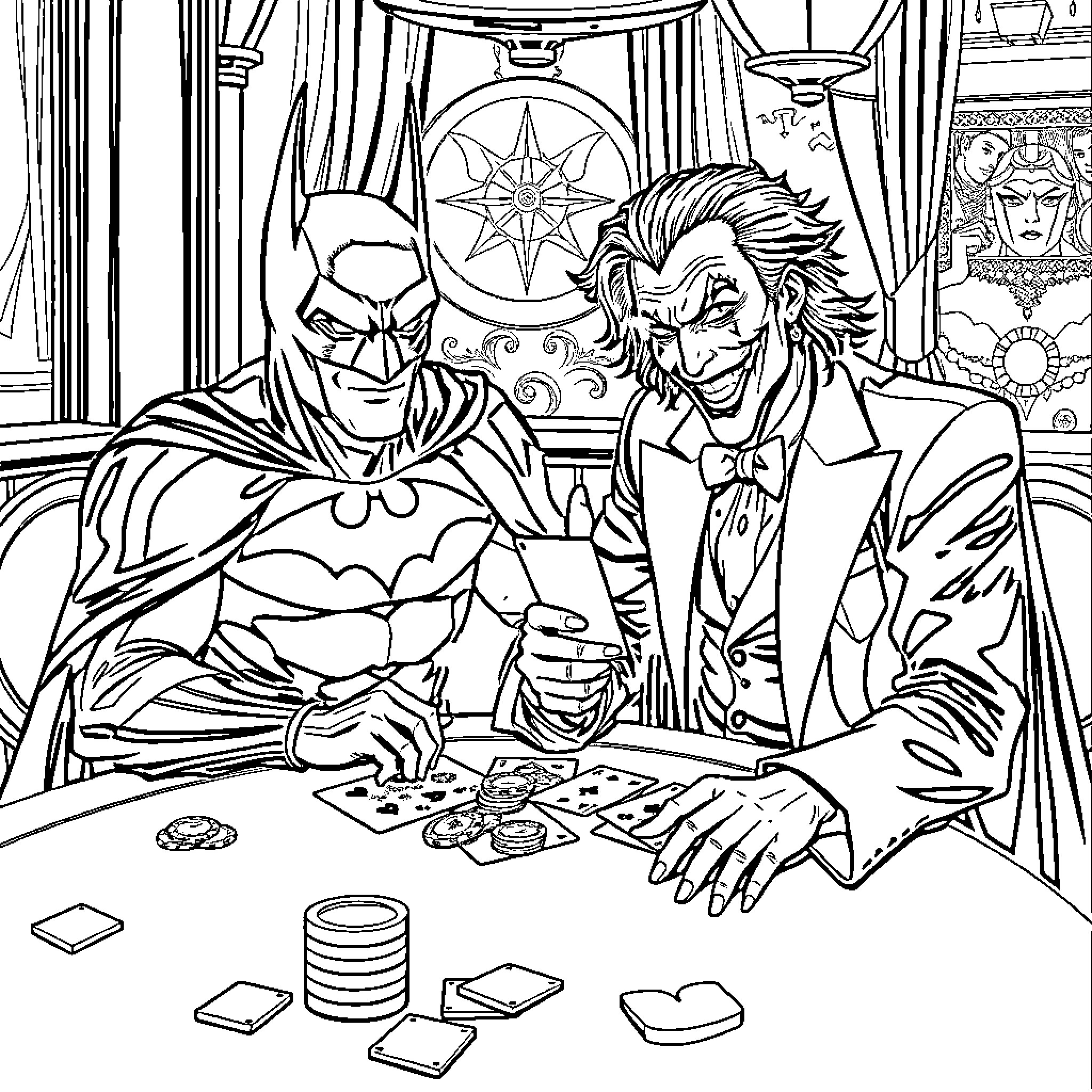 Batman Gambling with Joker in Opulent Setting Coloring Page (free black-and-white line drawing printable PDF for all, from beginners to advanced learners, including children, teens, adults, and seniors)