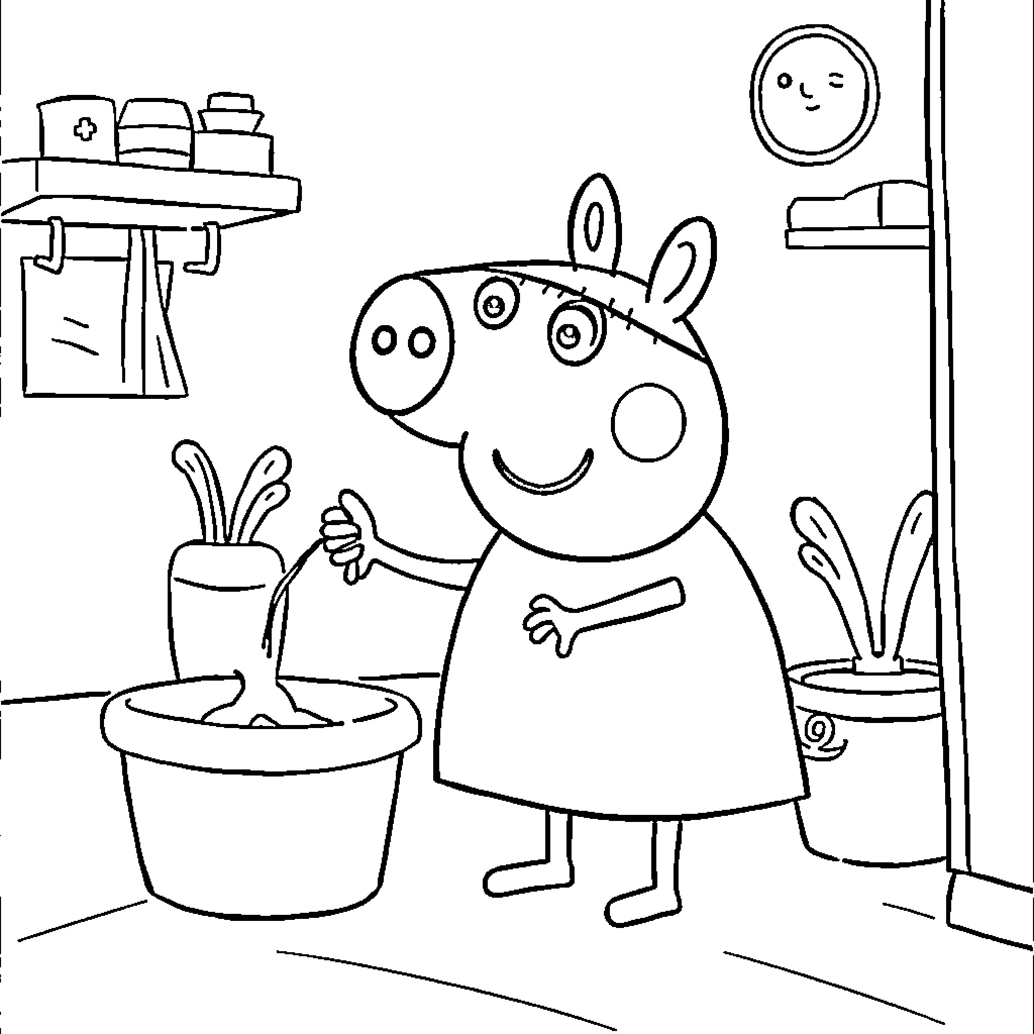Pepa Pig watering plants in the kitchen Coloring Page (free black-and-white line drawing printable PDF for all, from beginners to advanced learners, including children, teens, adults, and seniors)