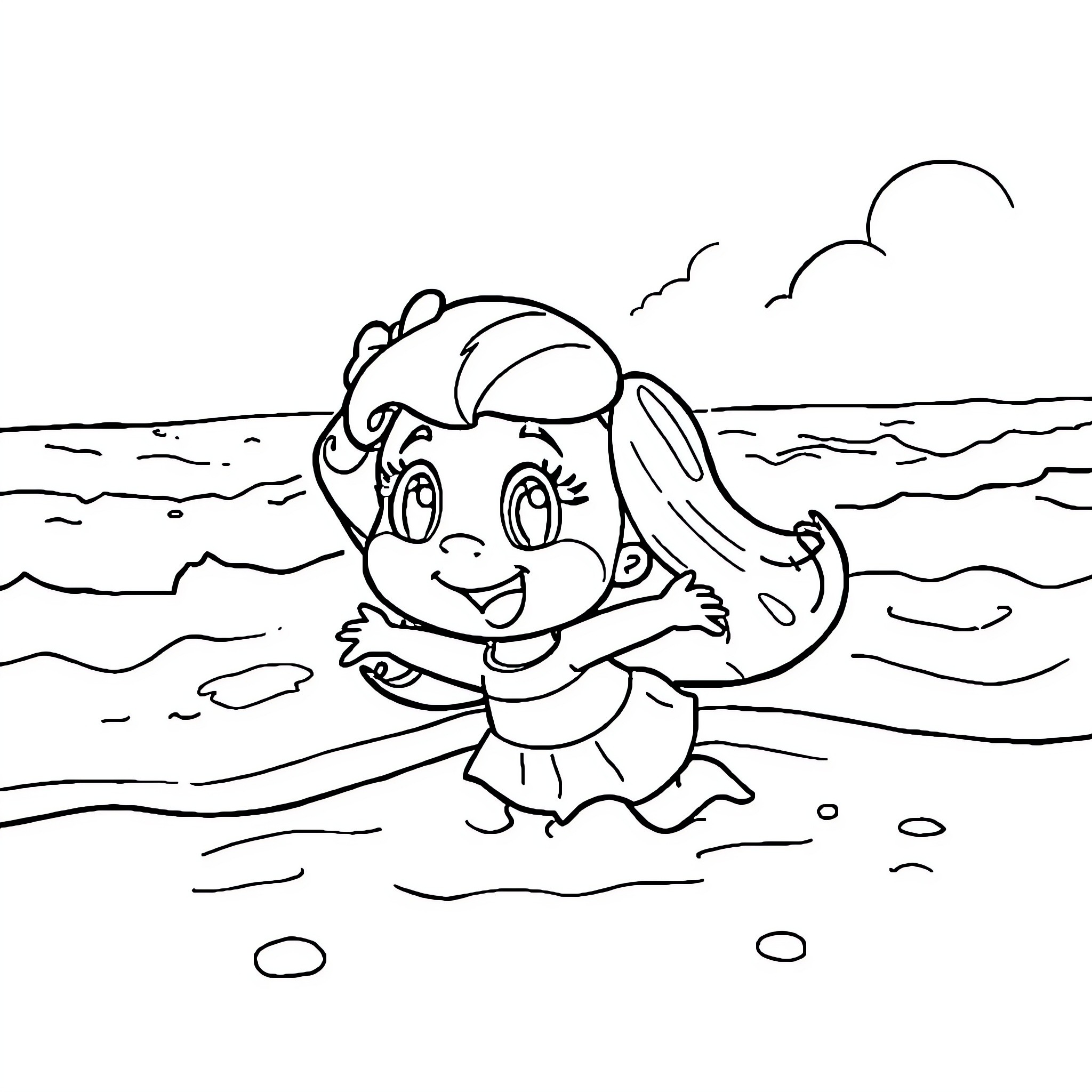 Pepa playing happily at the beach Coloring Page (free black-and-white line drawing printable PDF for all, from beginners to advanced learners, including children, teens, adults, and seniors)