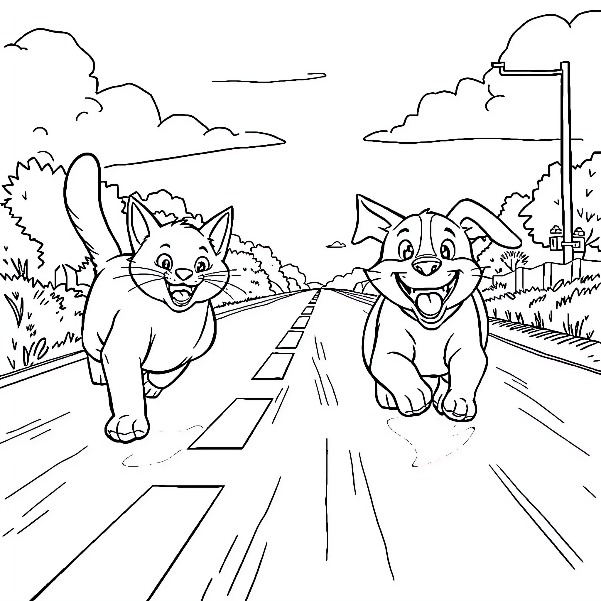 Cat and Dog on an Adventure in the City Coloring Page (free black-and-white line drawing printable PDF for all, from beginners to advanced learners, including children, teens, adults, and seniors)