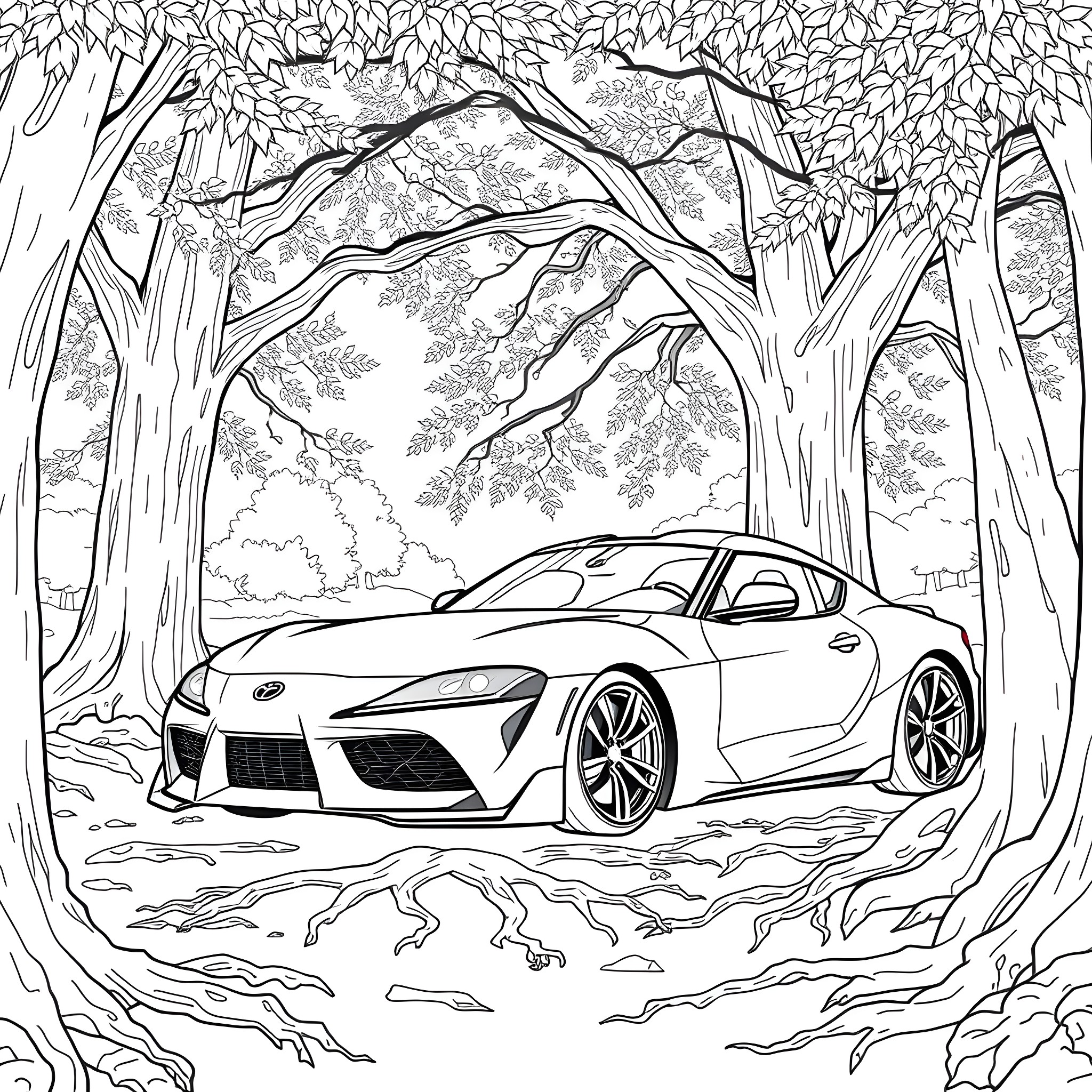 Supra speeding through the enchanted forest Coloring Page (free black-and-white line drawing printable PDF for all, from beginners to advanced learners, including children, teens, adults, and seniors)