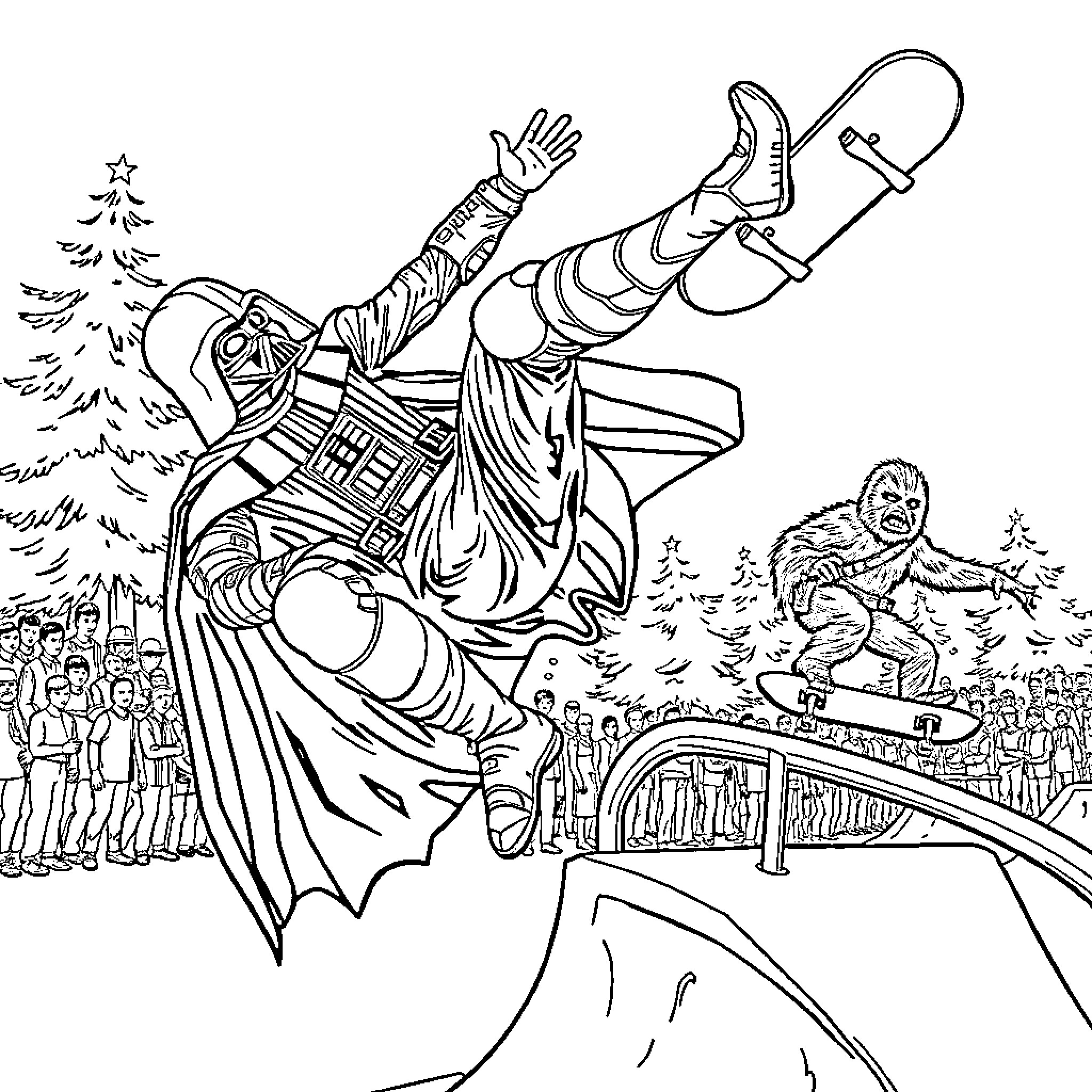 Darth Vader in an Intense Skate Park Scene Coloring Page (free black-and-white line drawing printable PDF for all, from beginners to advanced learners, including children, teens, adults, and seniors)