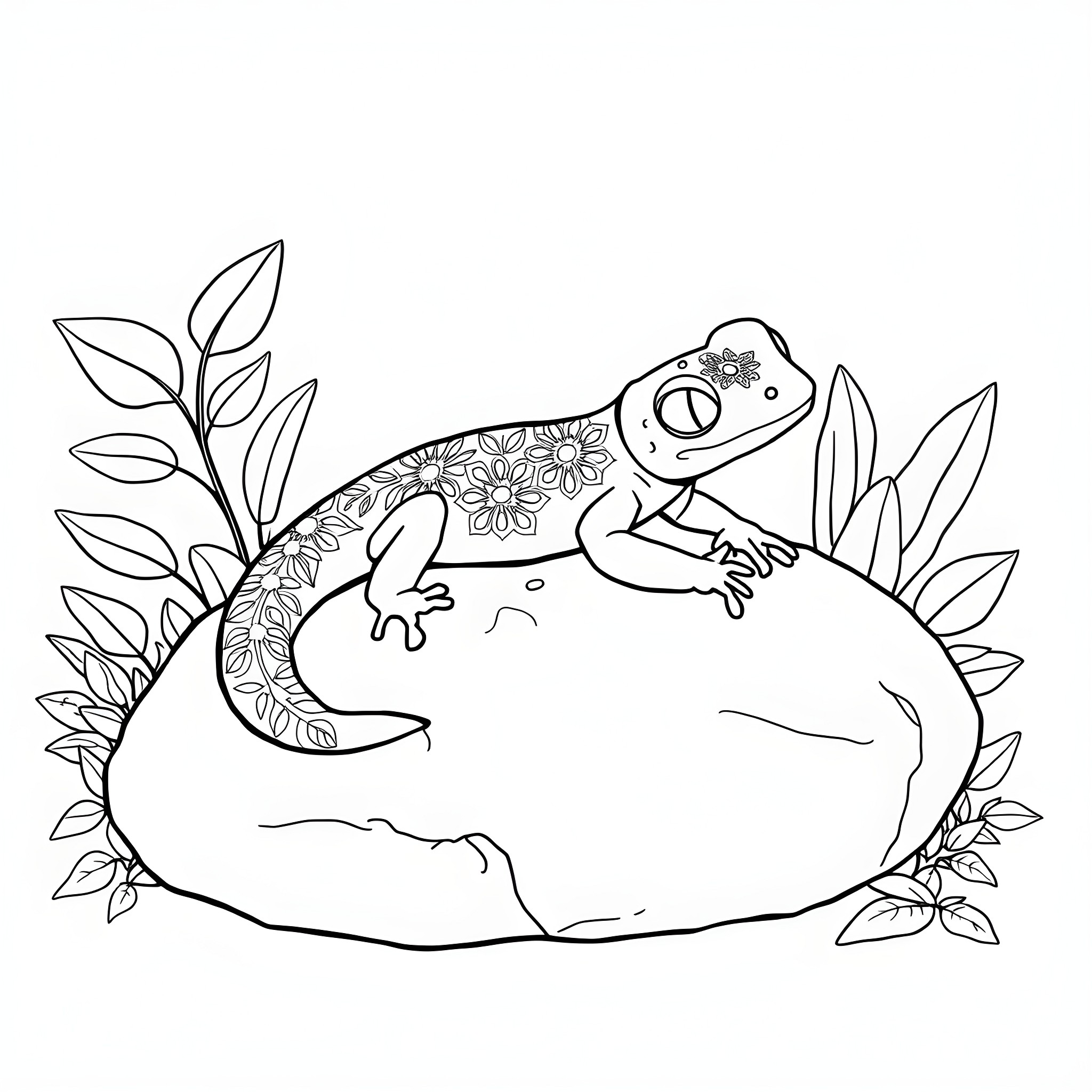 Salamander exploring nature's wonders Coloring Page (free black-and-white line drawing printable PDF for all, from beginners to advanced learners, including children, teens, adults, and seniors)