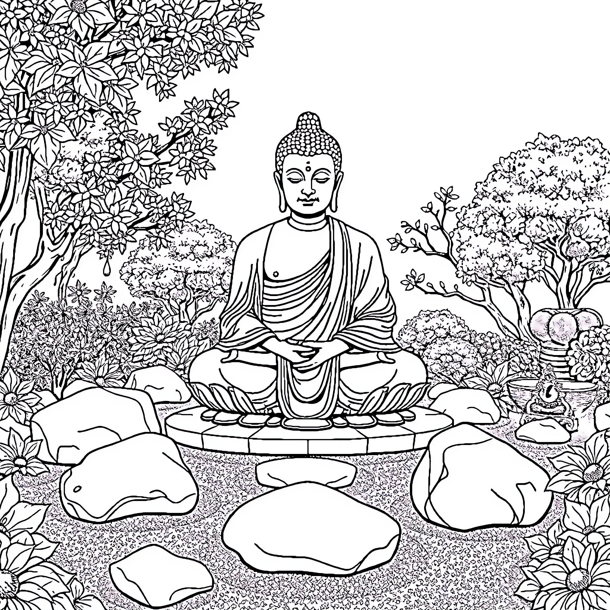 Buddha in Peaceful Contemplation Amidst Nature Coloring Page (free black-and-white line drawing printable PDF for all, from beginners to advanced learners, including children, teens, adults, and seniors)