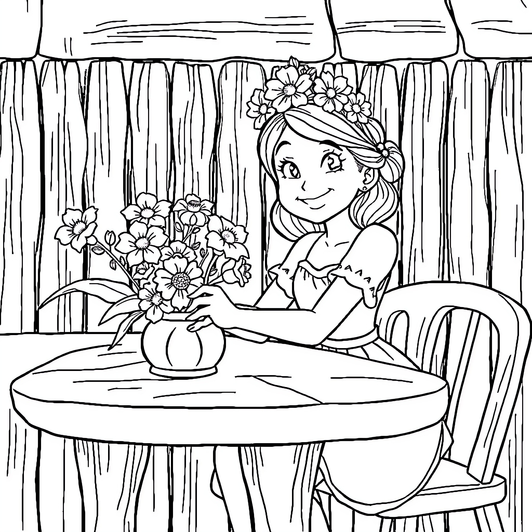 Girl arranging flower bouquet on table Coloring Page (free black-and-white line drawing printable PDF for all, from beginners to advanced learners, including children, teens, adults, and seniors)