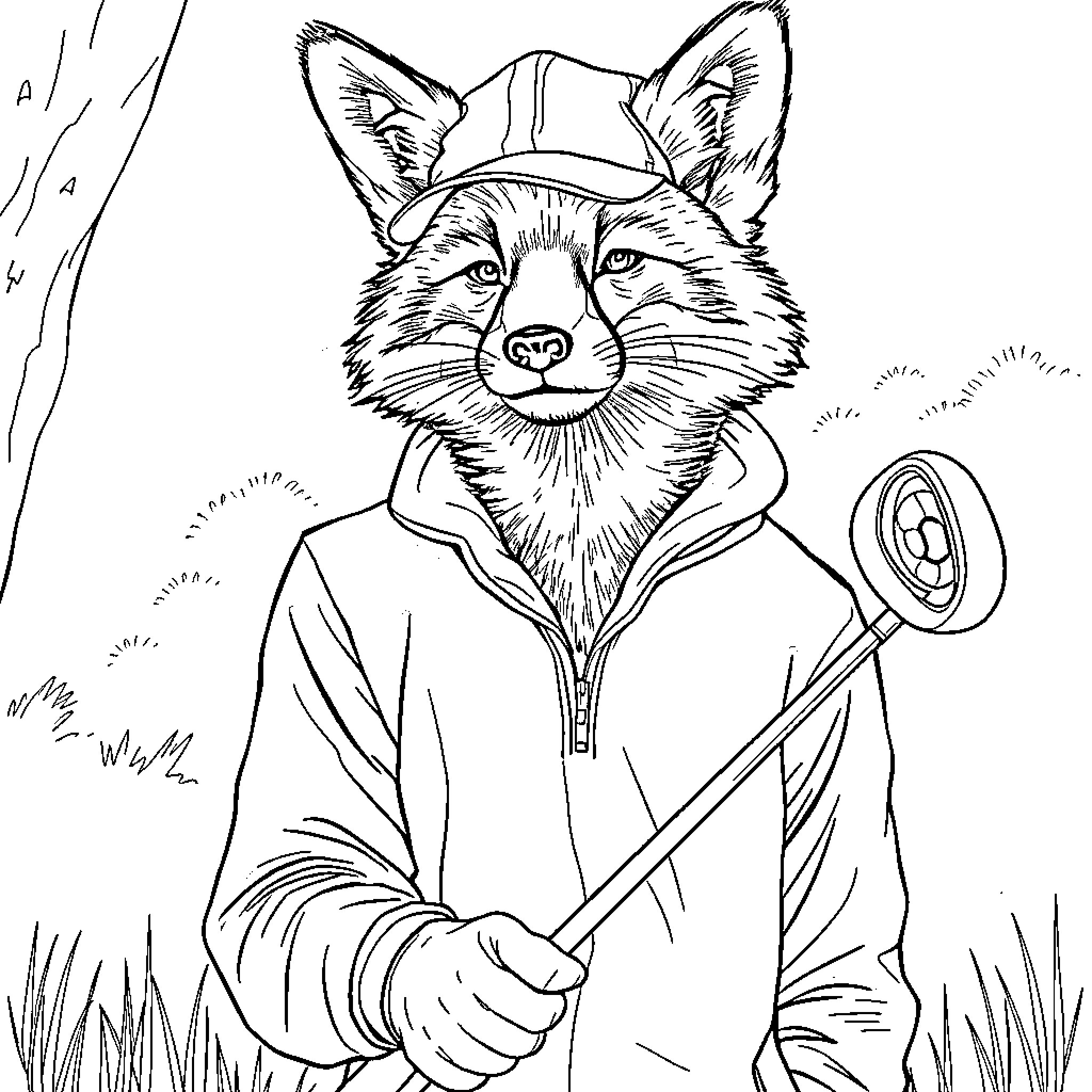 Golf Fox playing with club in the wilderness Coloring Page (free black-and-white line drawing printable PDF for all, from beginners to advanced learners, including children, teens, adults, and seniors)