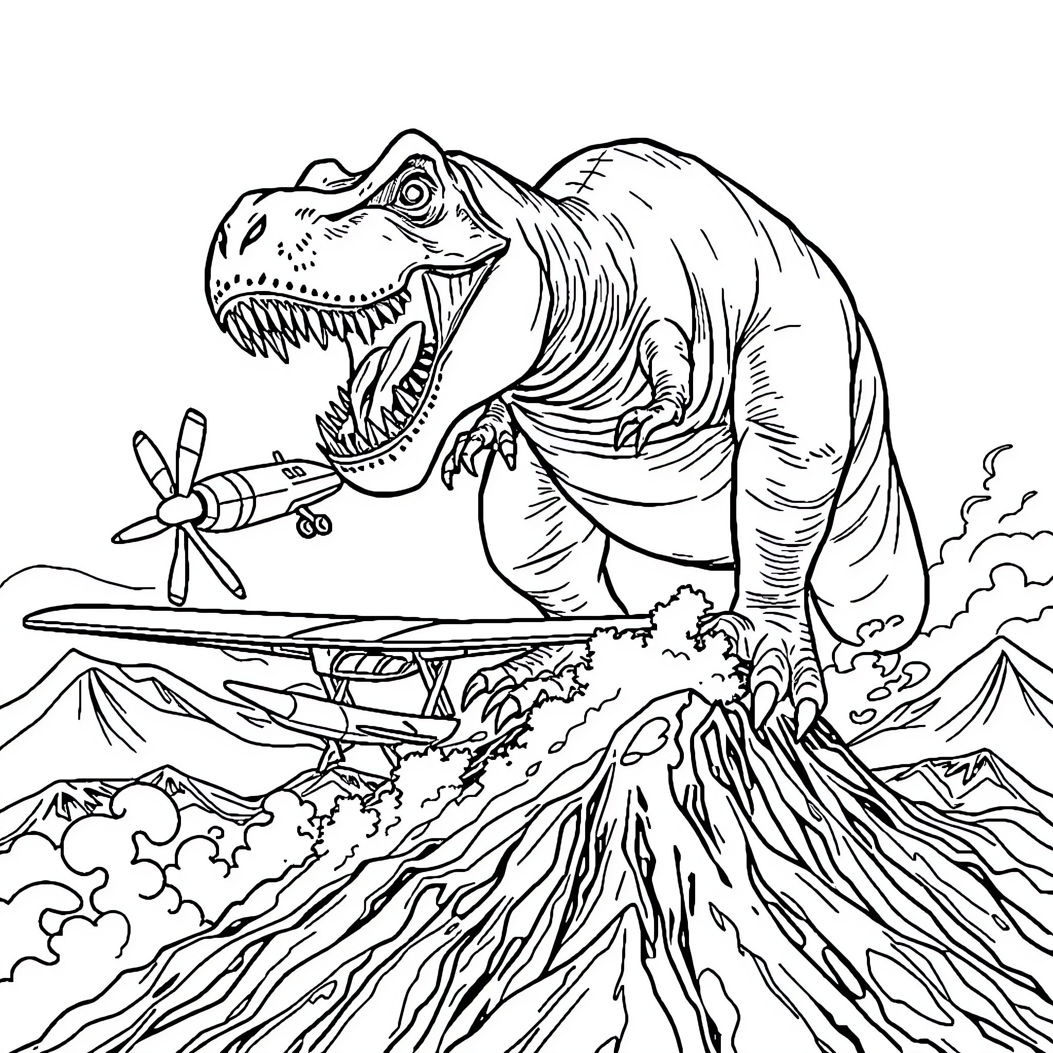 Dinosaur Soaring Over Volcanic Landscape Coloring Page (free black-and-white line drawing printable PDF for all, from beginners to advanced learners, including children, teens, adults, and seniors)