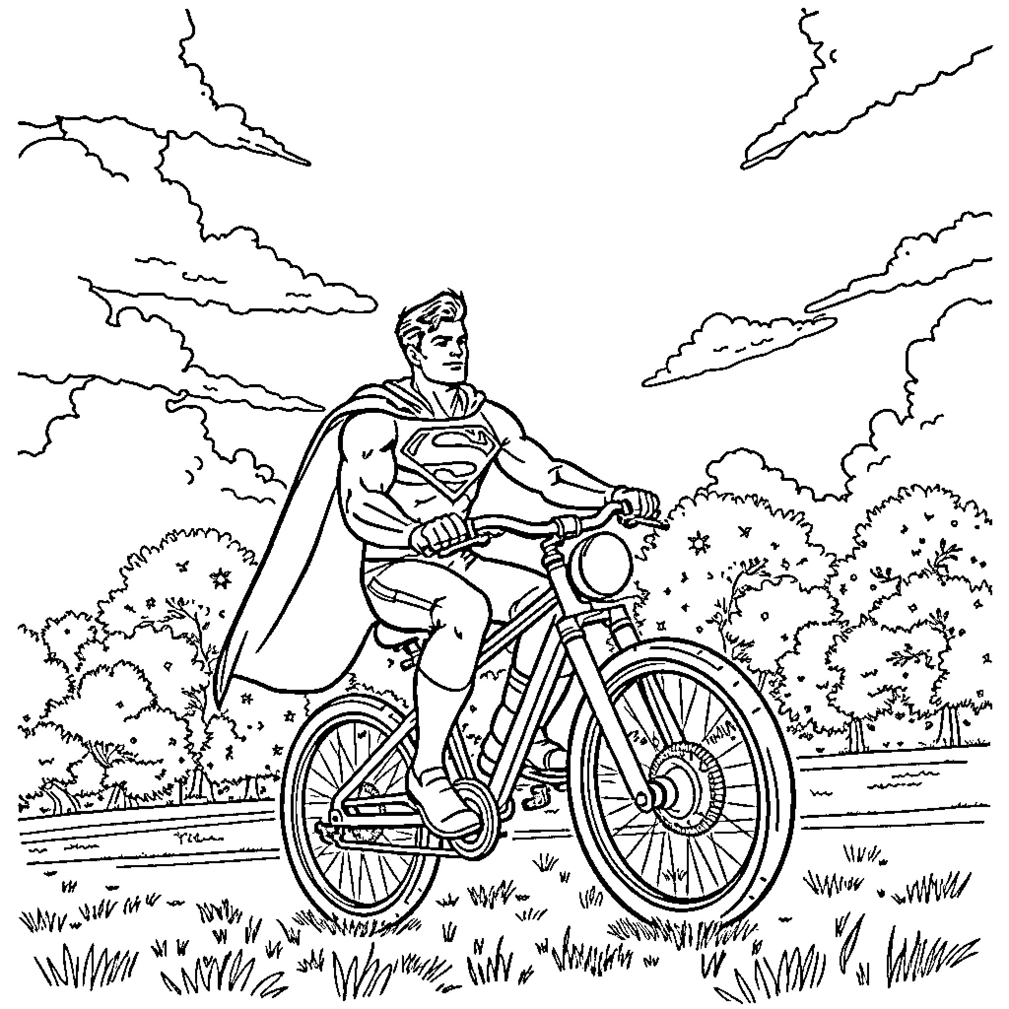 Superman riding a bicycle through the countryside Coloring Page (free black-and-white line drawing printable PDF for all, from beginners to advanced learners, including children, teens, adults, and seniors)