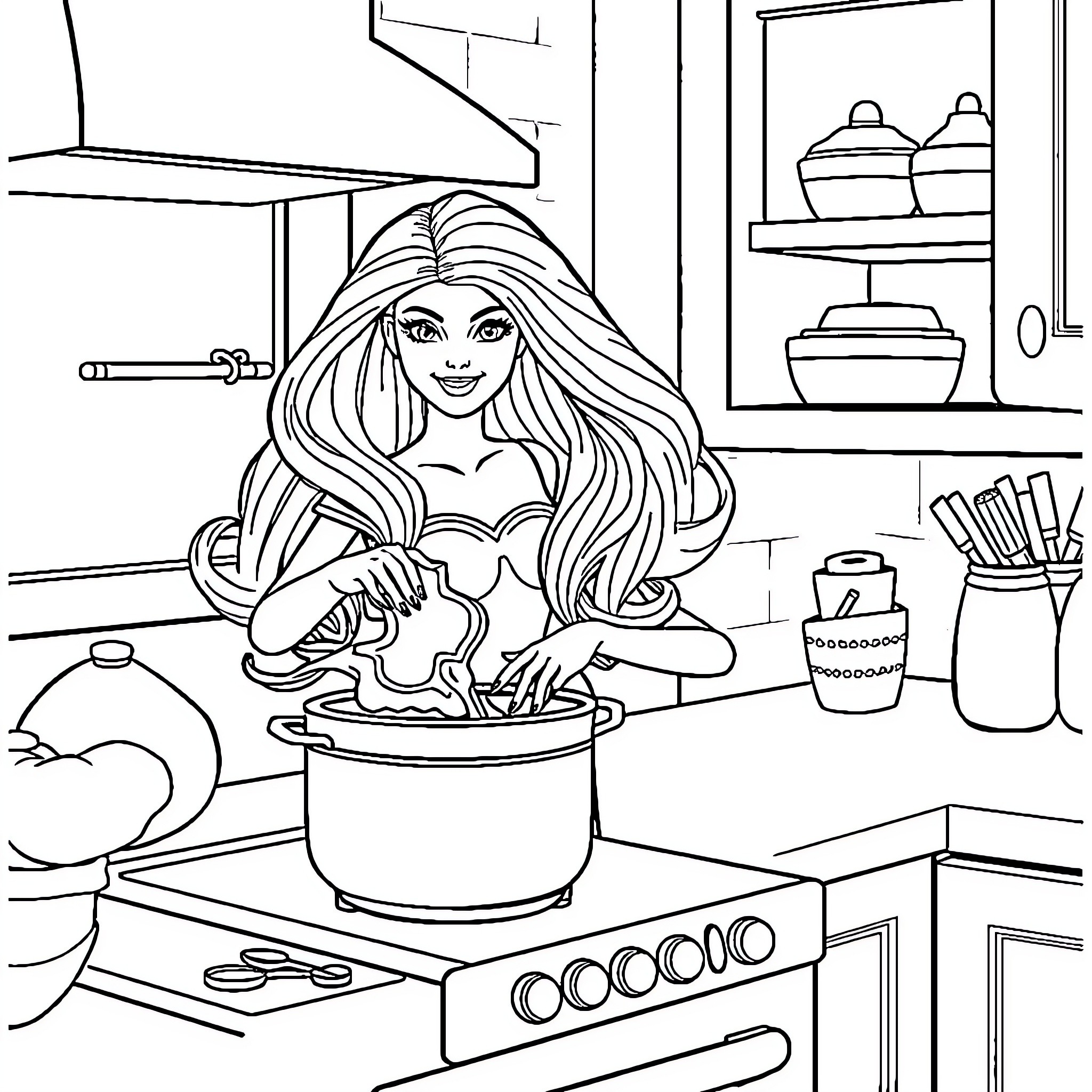 Barbie Cooking in the Kitchen Coloring Page (free black-and-white line drawing printable PDF for all, from beginners to advanced learners, including children, teens, adults, and seniors)