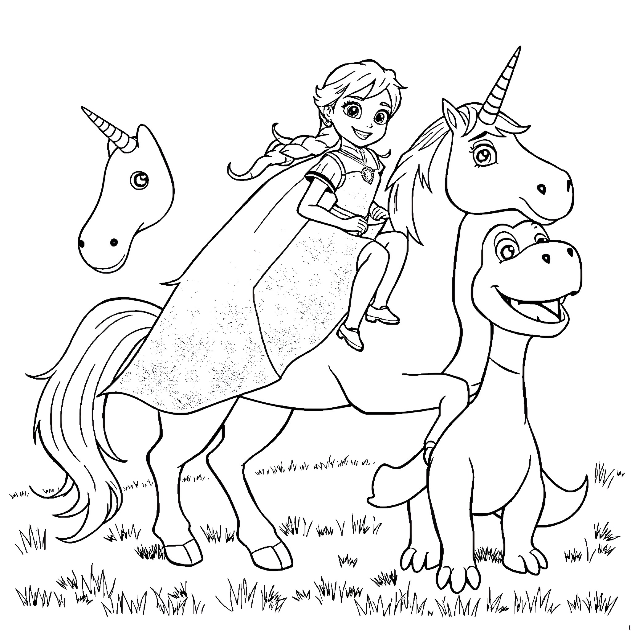 Elsa's Fantasy Ride with Unicorns and Dinosaurs Coloring Page (free black-and-white line drawing printable PDF for all, from beginners to advanced learners, including children, teens, adults, and seniors)
