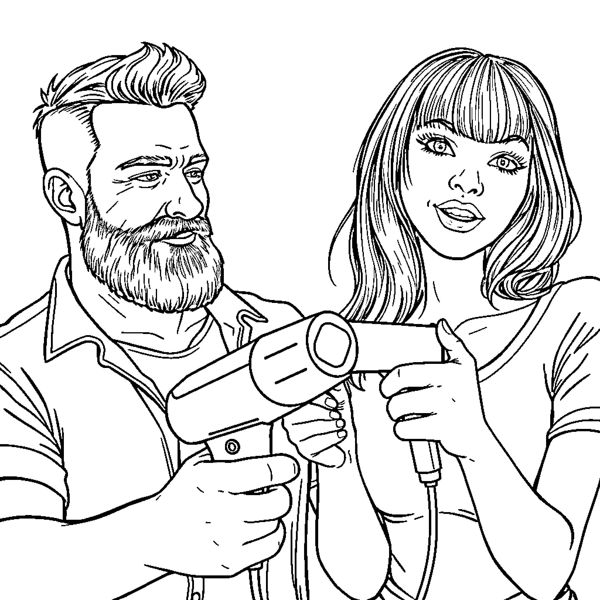 Man and Woman Using Hair Styling Tools Coloring Page (free black-and-white line drawing printable PDF for all, from beginners to advanced learners, including children, teens, adults, and seniors)