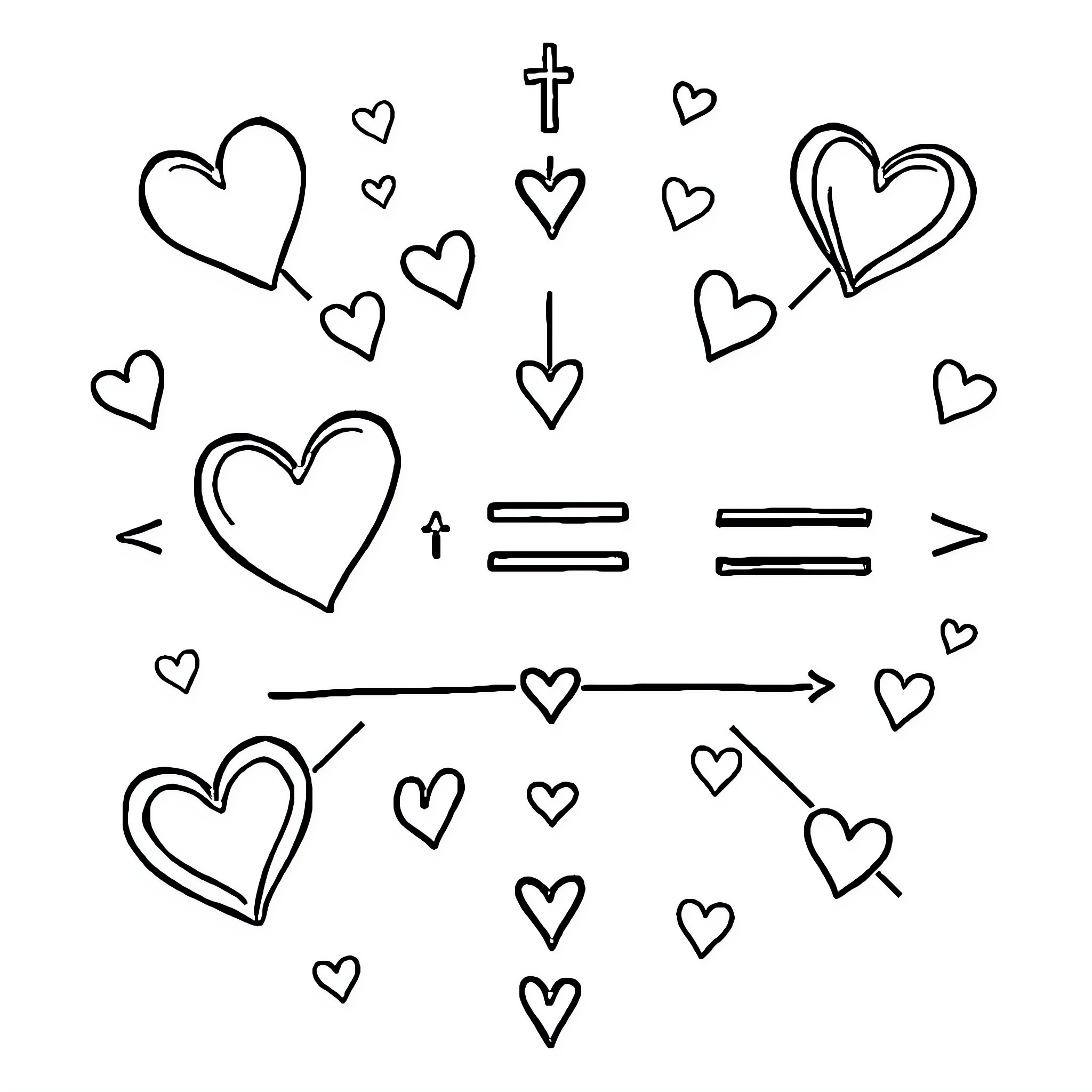 Math Symbols of Love and Faith Coloring Page (free black-and-white line drawing printable PDF for all, from beginners to advanced learners, including children, teens, adults, and seniors)