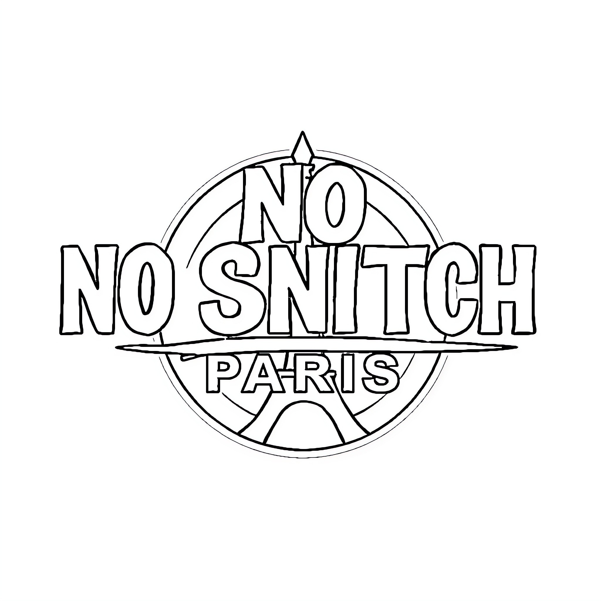 Logo for 'No No Snitch' brand in Paris Coloring Page (free black-and-white line drawing printable PDF for all, from beginners to advanced learners, including children, teens, adults, and seniors)