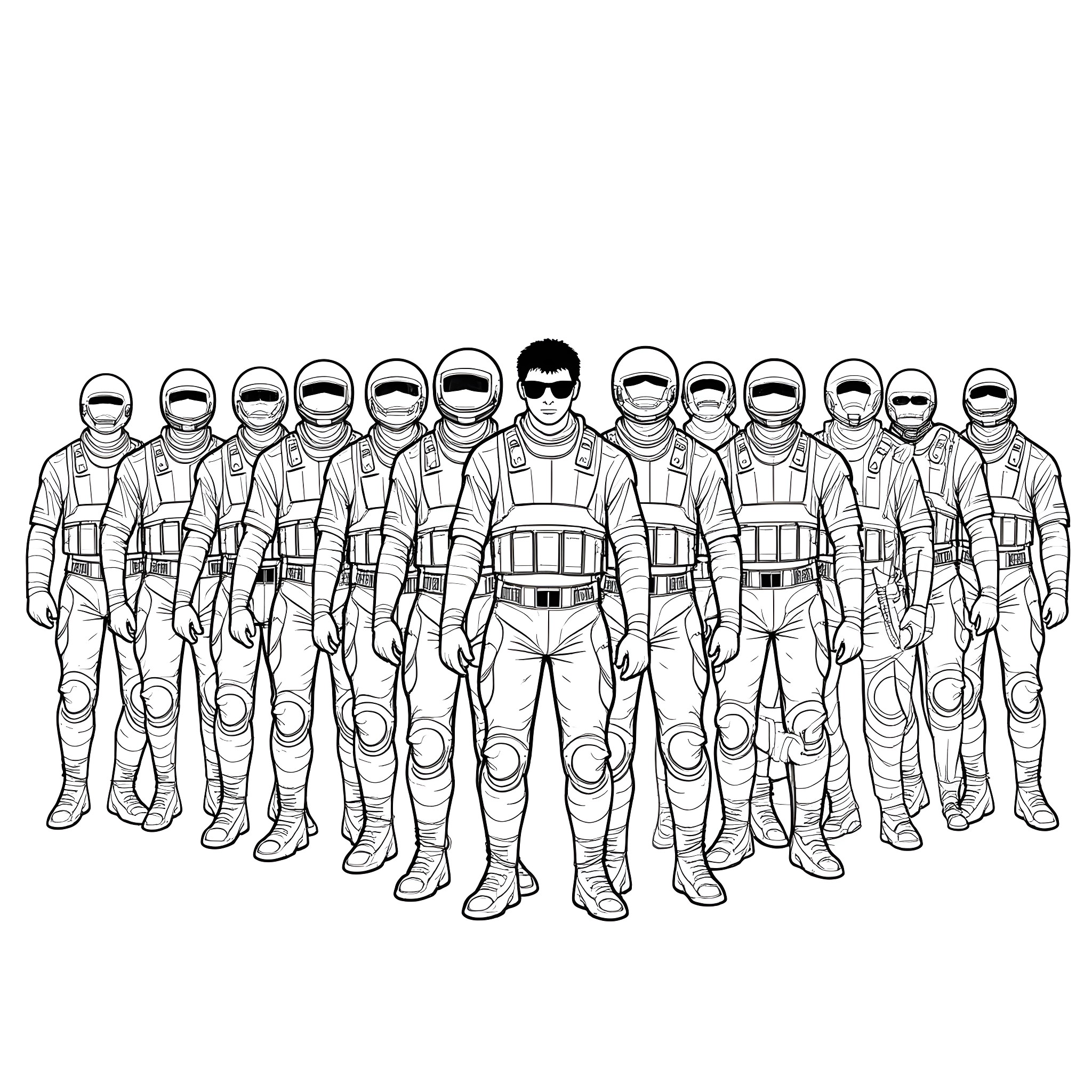 Soldier Squad in Uniform Formation Coloring Page (free black-and-white line drawing printable PDF for all, from beginners to advanced learners, including children, teens, adults, and seniors)