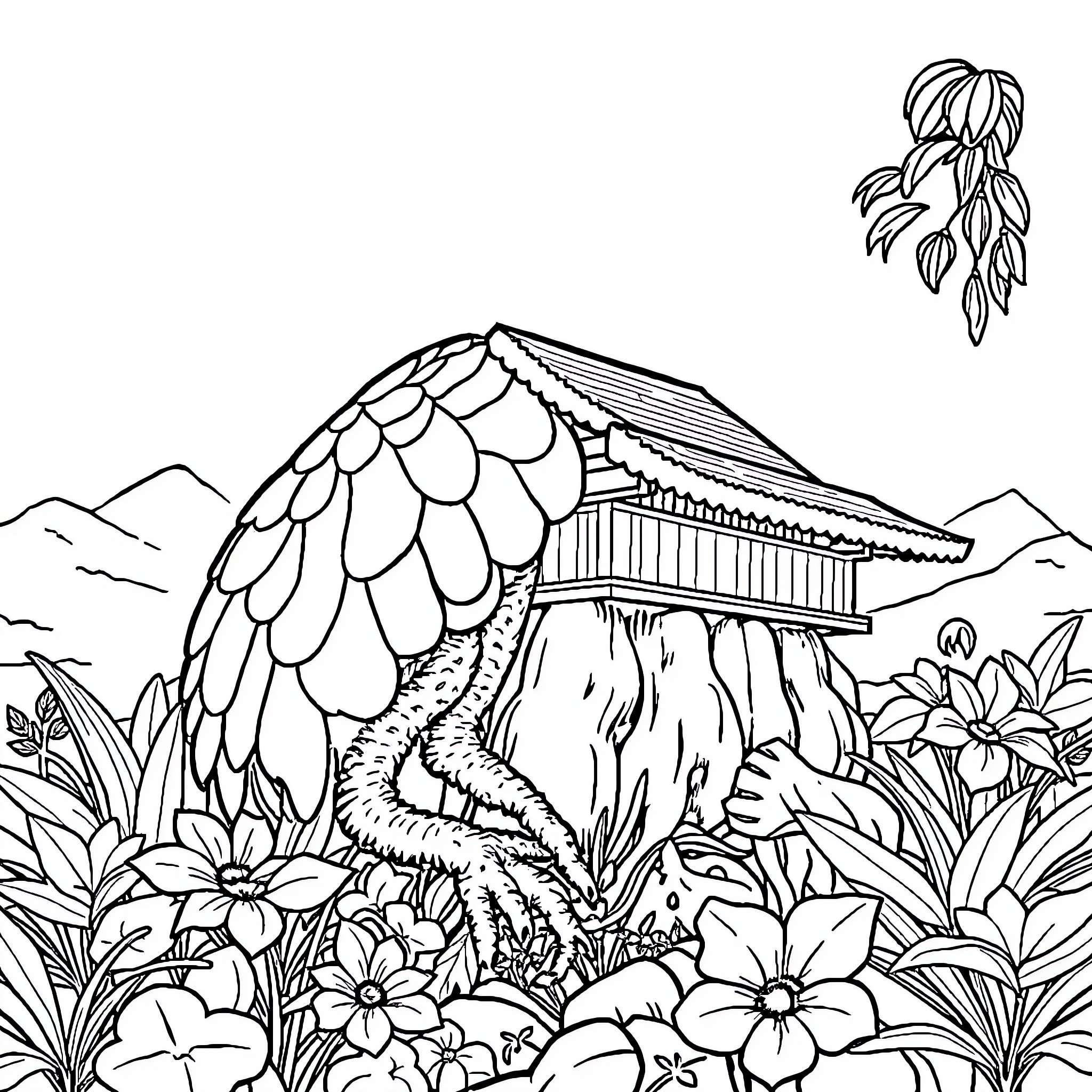Pohon house nestled in lush tropical foliage Coloring Page (free black-and-white line drawing printable PDF for all, from beginners to advanced learners, including children, teens, adults, and seniors)