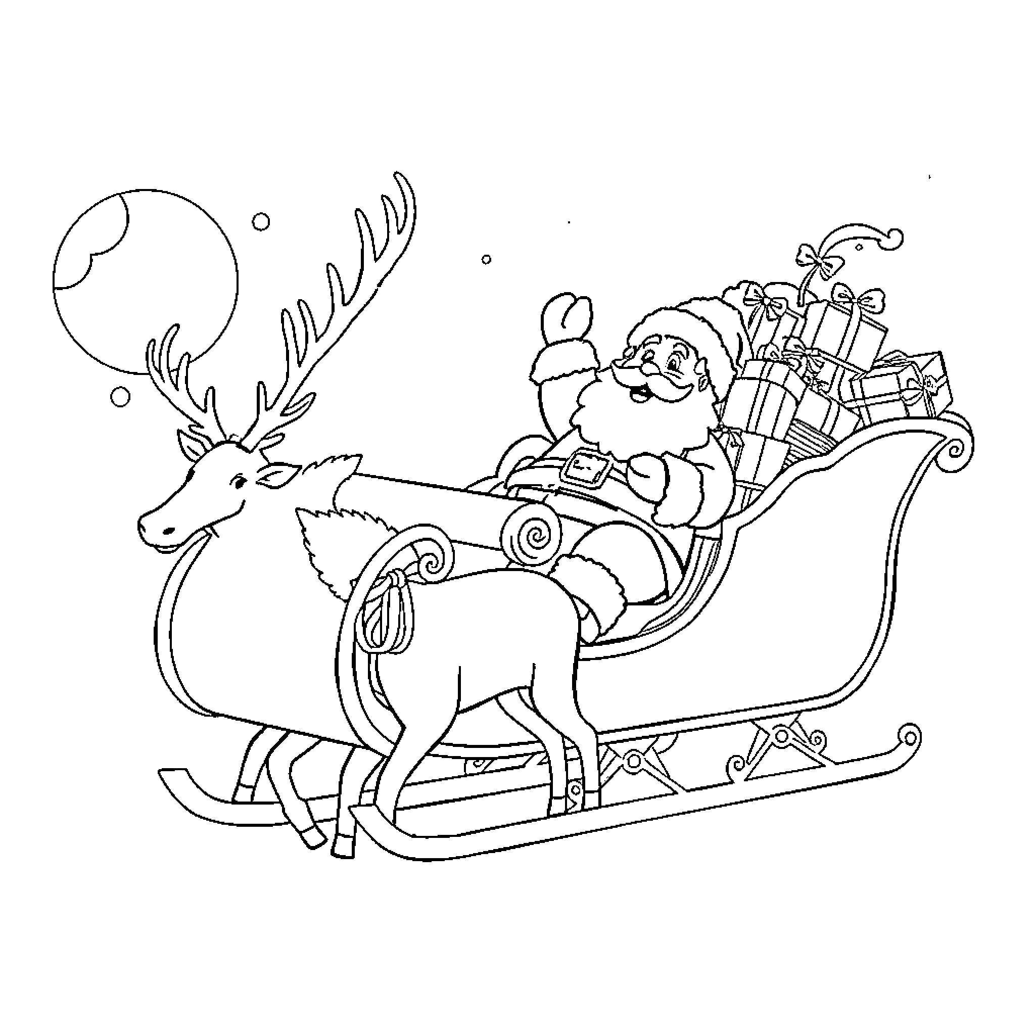 Santa Claus riding a sleigh with reindeer and gifts Coloring Page (free black-and-white line drawing printable PDF for all, from beginners to advanced learners, including children, teens, adults, and seniors)