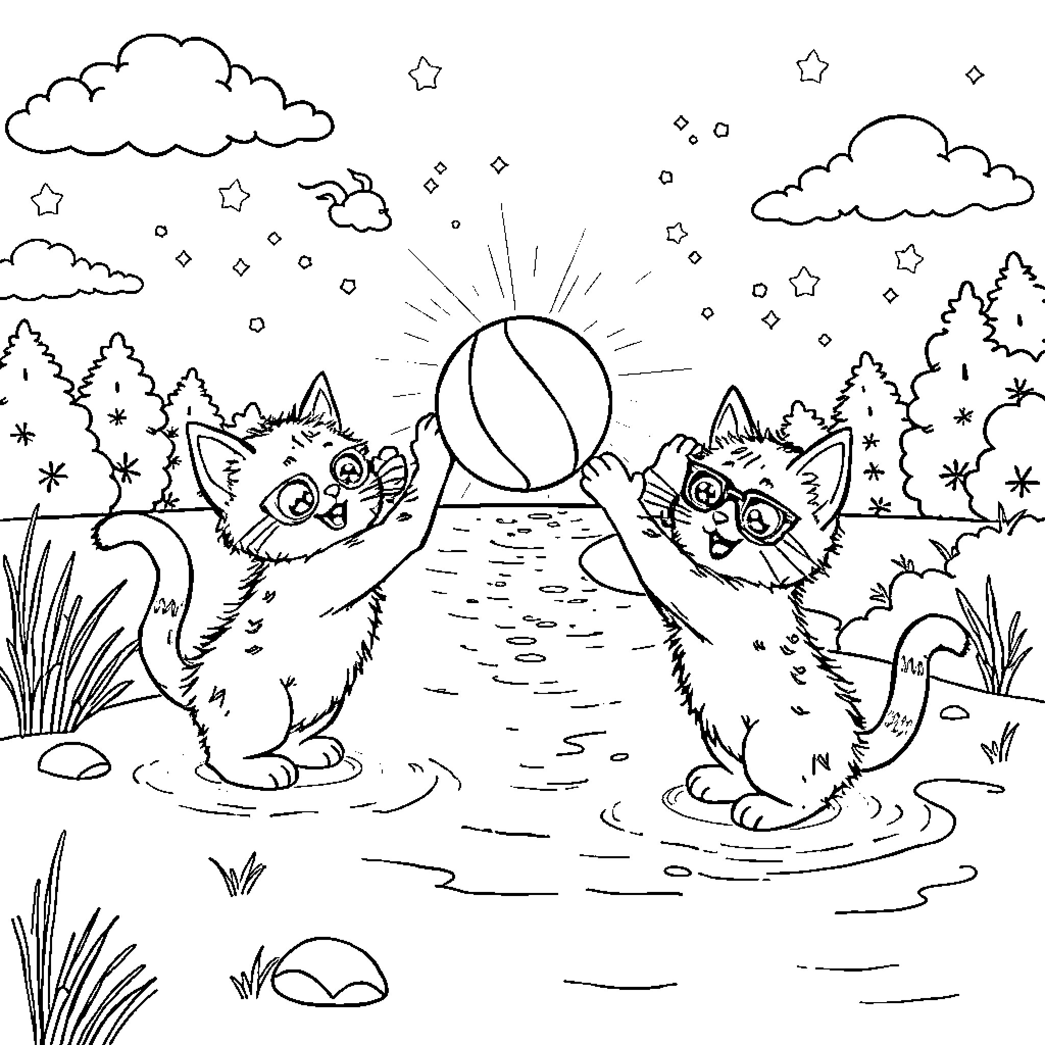 Kitty cats playing joyfully in the serene landscape Coloring Page (free black-and-white line drawing printable PDF for all, from beginners to advanced learners, including children, teens, adults, and seniors)