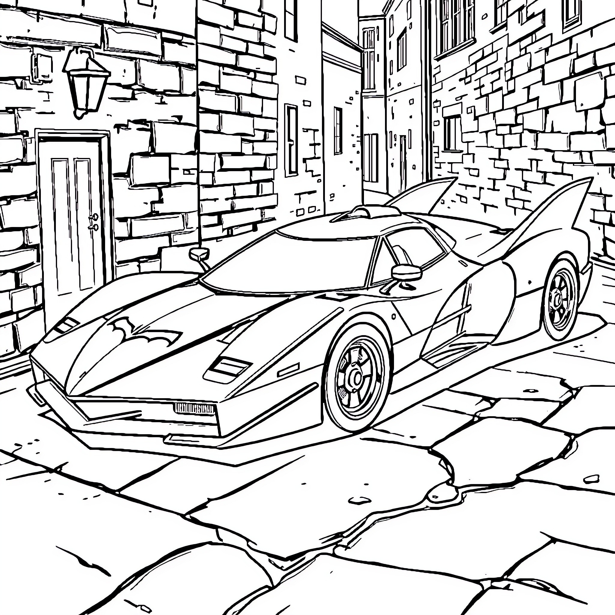 Batmobile in an urban alleyway Coloring Page (free black-and-white line drawing printable PDF for all, from beginners to advanced learners, including children, teens, adults, and seniors)