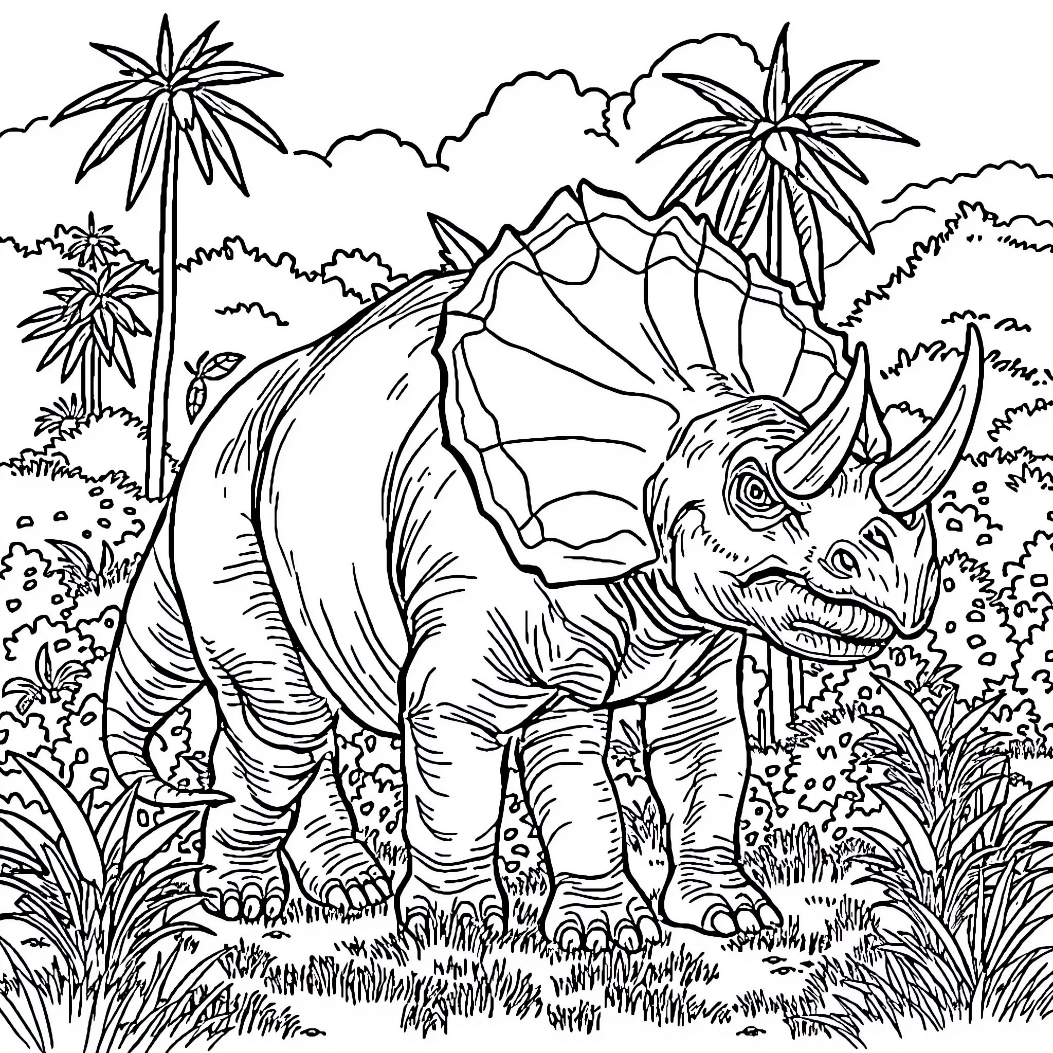 Triceratops exploring lush tropical landscape Coloring Page (free black-and-white line drawing printable PDF for all, from beginners to advanced learners, including children, teens, adults, and seniors)