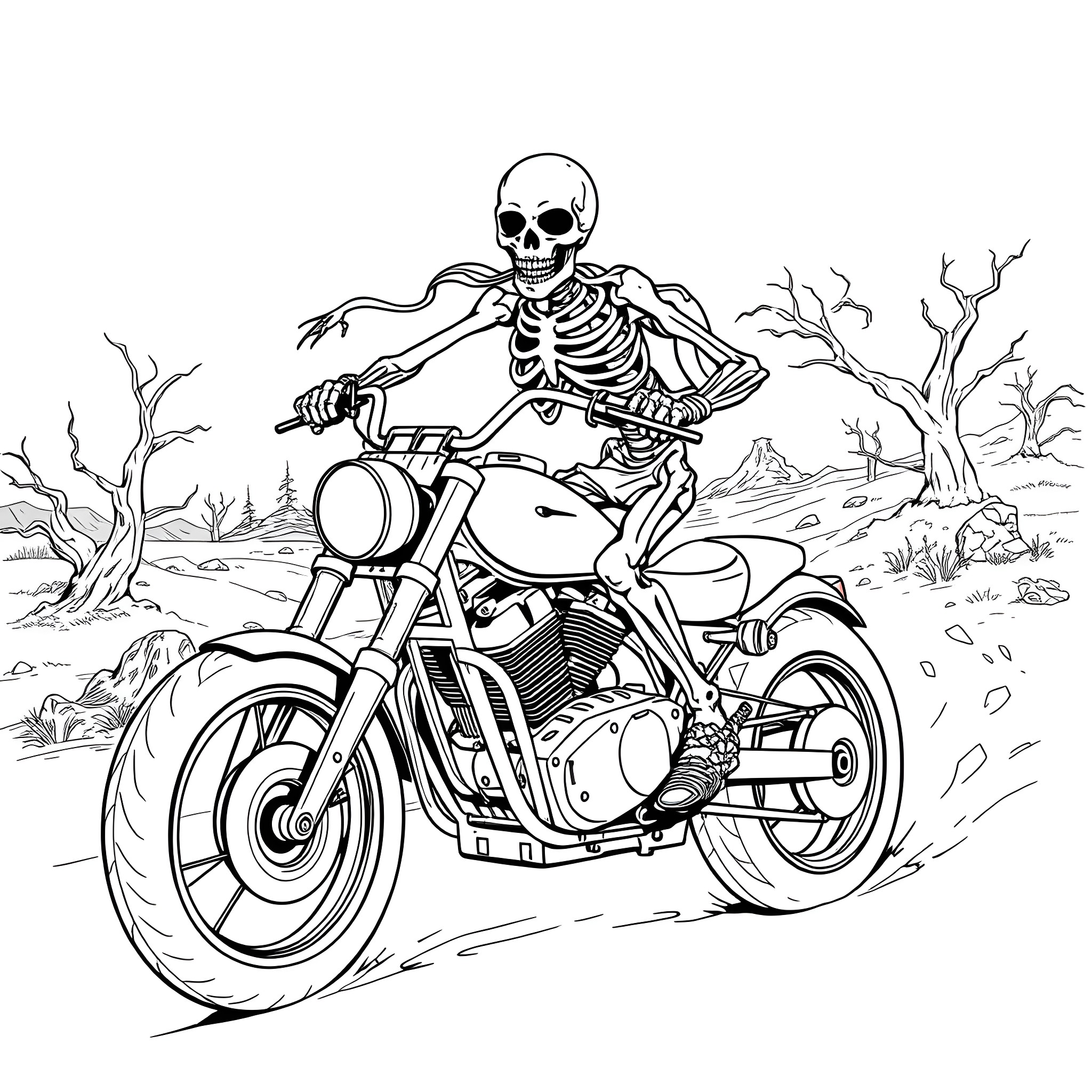 Skeleton Riding a Motorcycle in Haunting Landscape Coloring Page (free black-and-white line drawing printable PDF for all, from beginners to advanced learners, including children, teens, adults, and seniors)