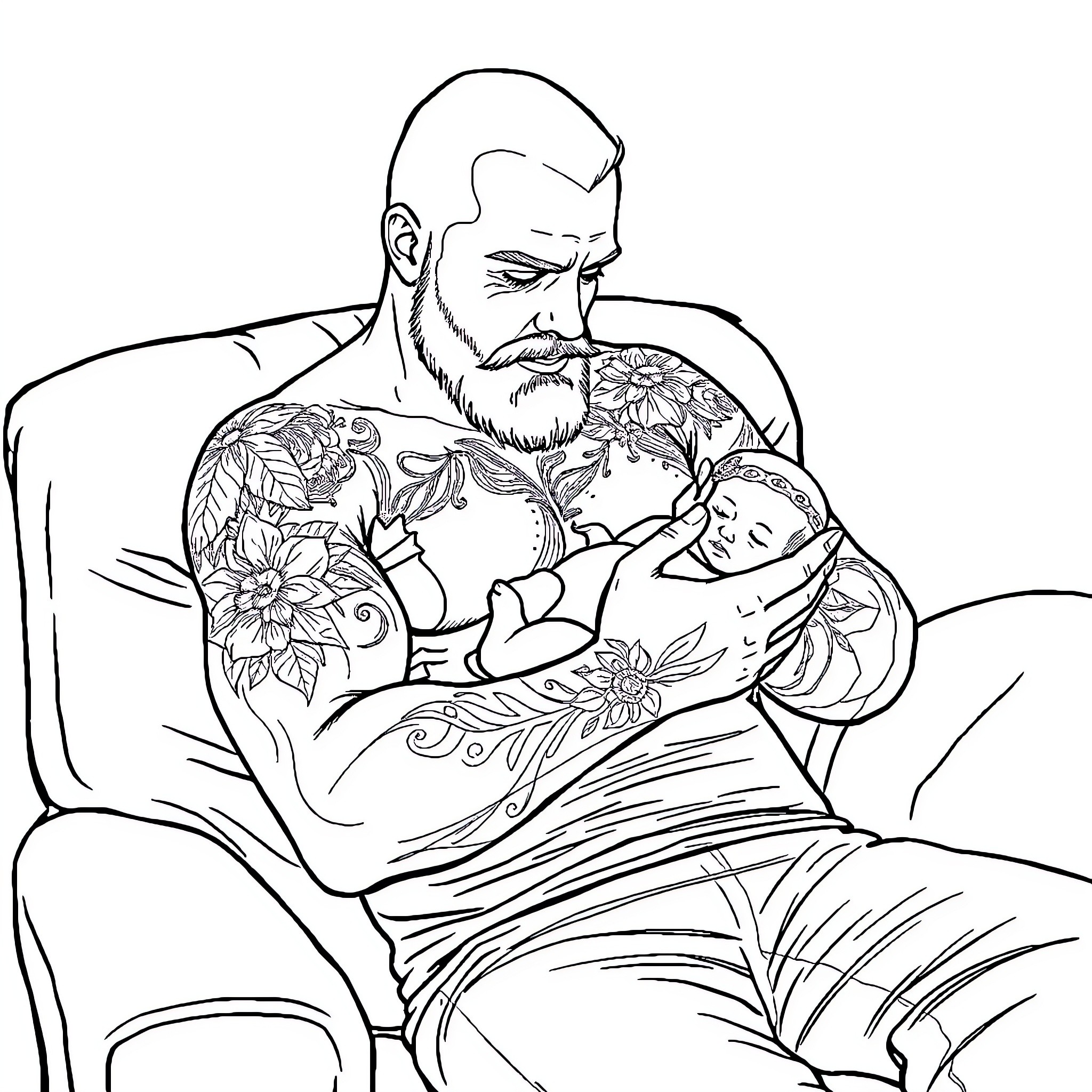 Homme holding baby with tattoos Coloring Page (free black-and-white line drawing printable PDF for all, from beginners to advanced learners, including children, teens, adults, and seniors)