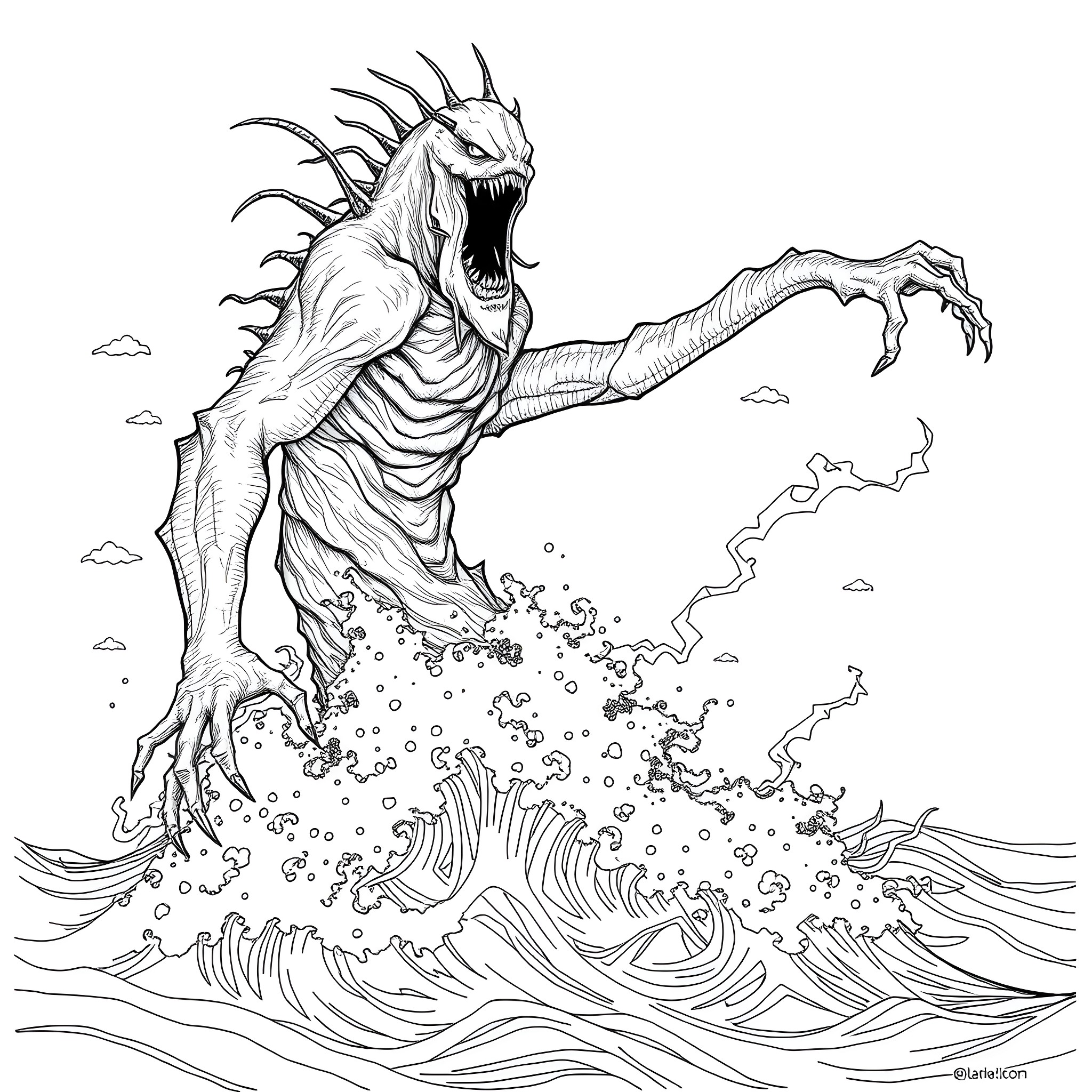 Creature emerging from the stormy sea Coloring Page (free black-and-white line drawing printable PDF for all, from beginners to advanced learners, including children, teens, adults, and seniors)