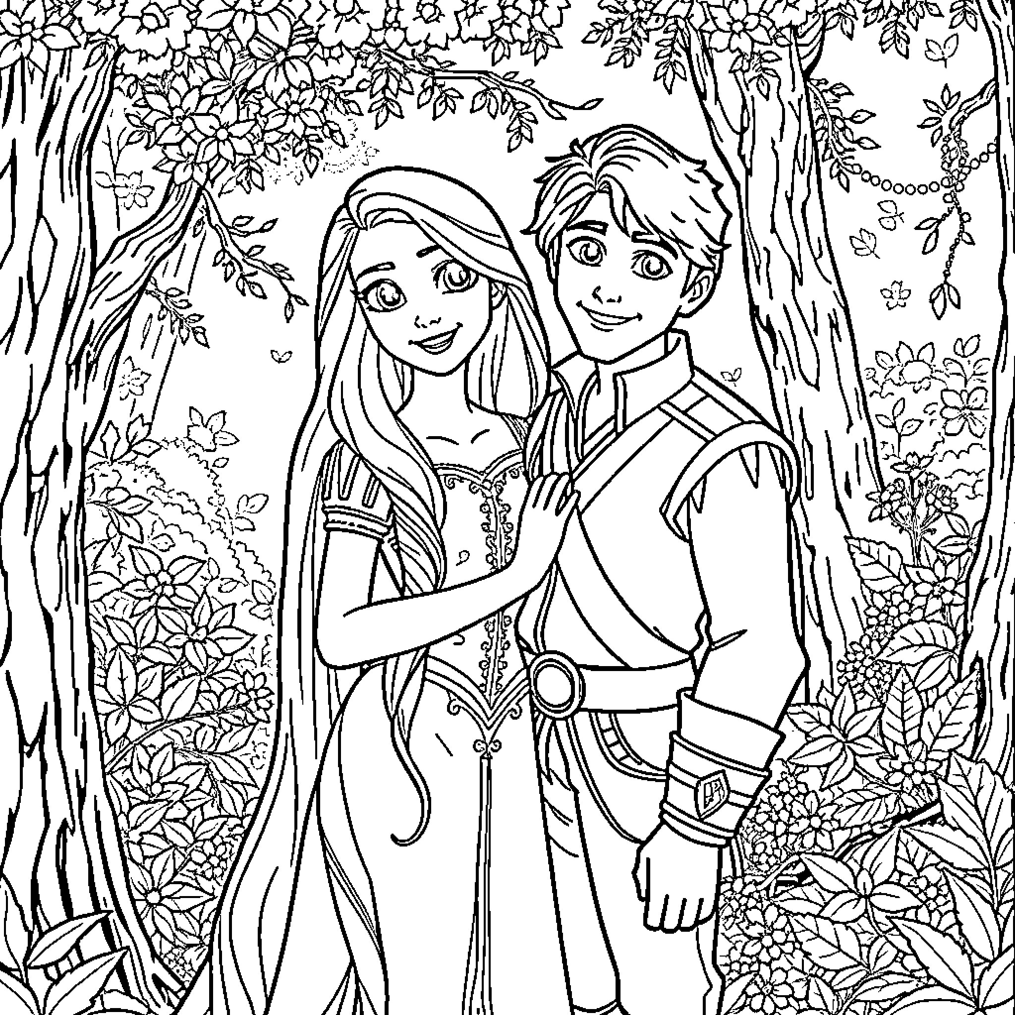Rapunzel and Eugene in the enchanted forest Coloring Page (free black-and-white line drawing printable PDF for all, from beginners to advanced learners, including children, teens, adults, and seniors)