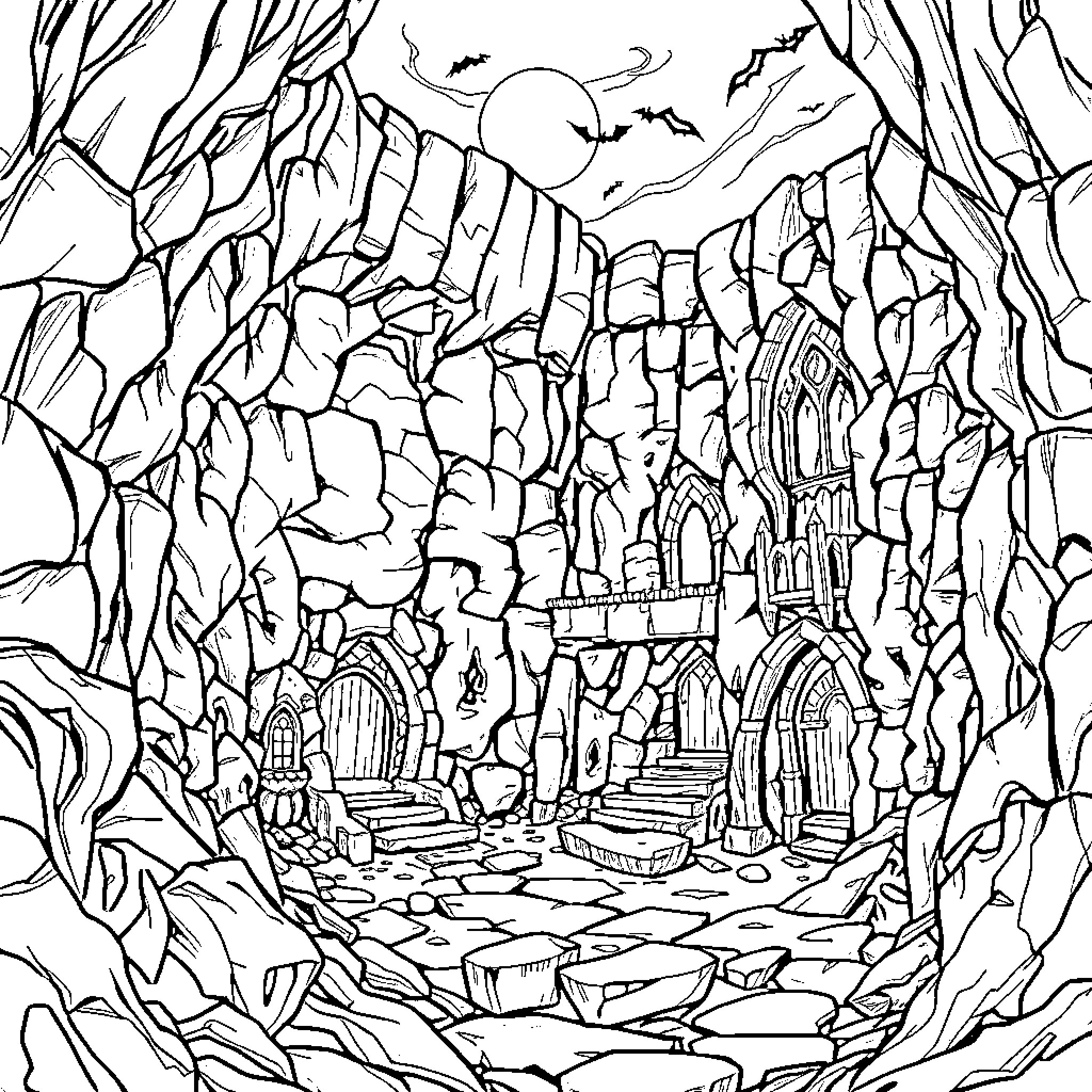 Lair of Mysterious Ruins Amid Jagged Cliffs Coloring Page (free black-and-white line drawing printable PDF for all, from beginners to advanced learners, including children, teens, adults, and seniors)
