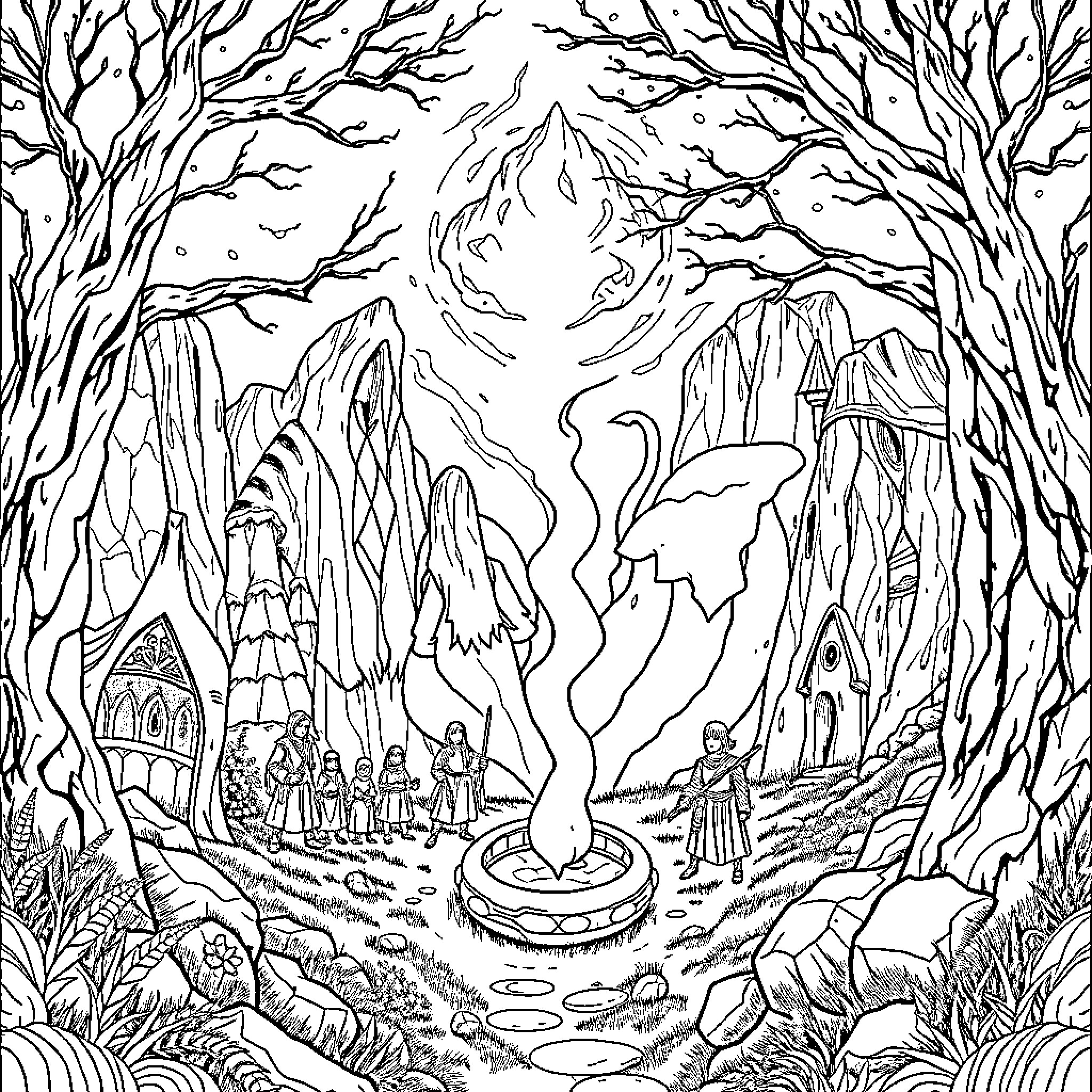 Lord of the Rings: Magical Creatures and Mystical Landscapes Coloring Page (free black-and-white line drawing printable PDF for all, from beginners to advanced learners, including children, teens, adults, and seniors)